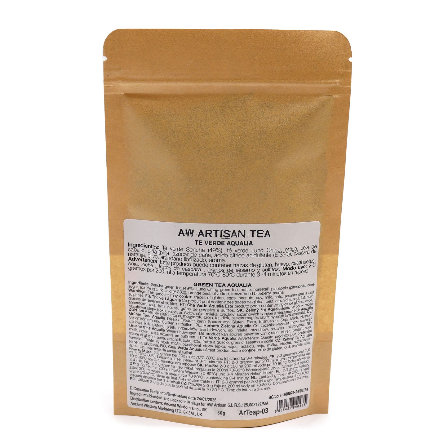 A brown pouch of AW Artisan Tea Green Tea Aqualia blend.