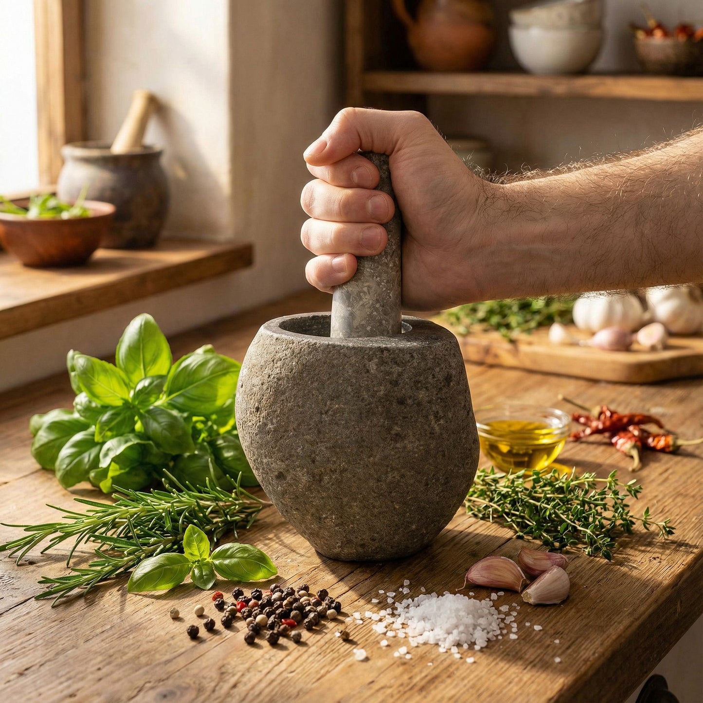 Handgefertigter mittelgroßer Mörser mit Stößel aus Naturstein.