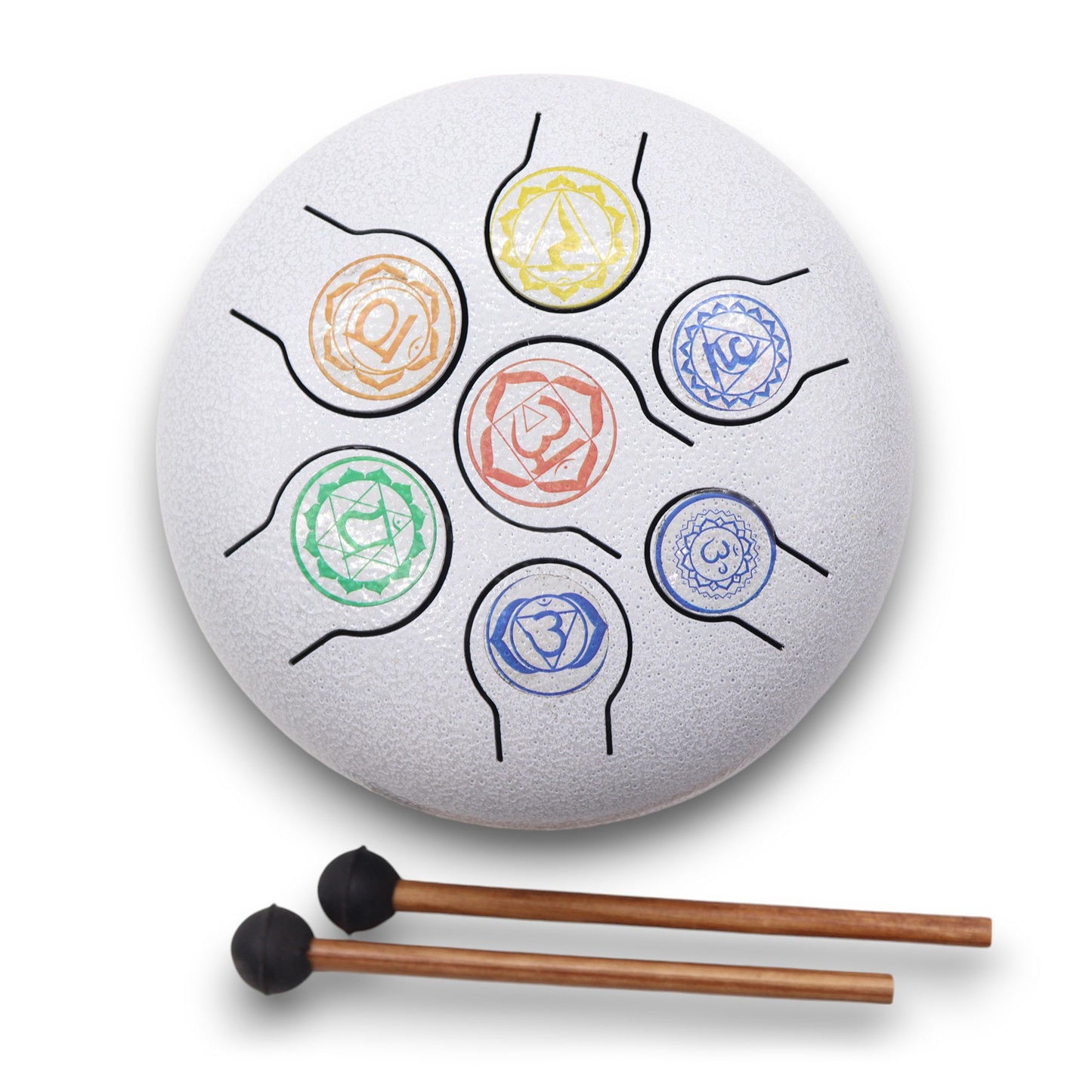 Stahlzungentrommel mit 7 Chakra-Symbolen und zwei Schlägeln.