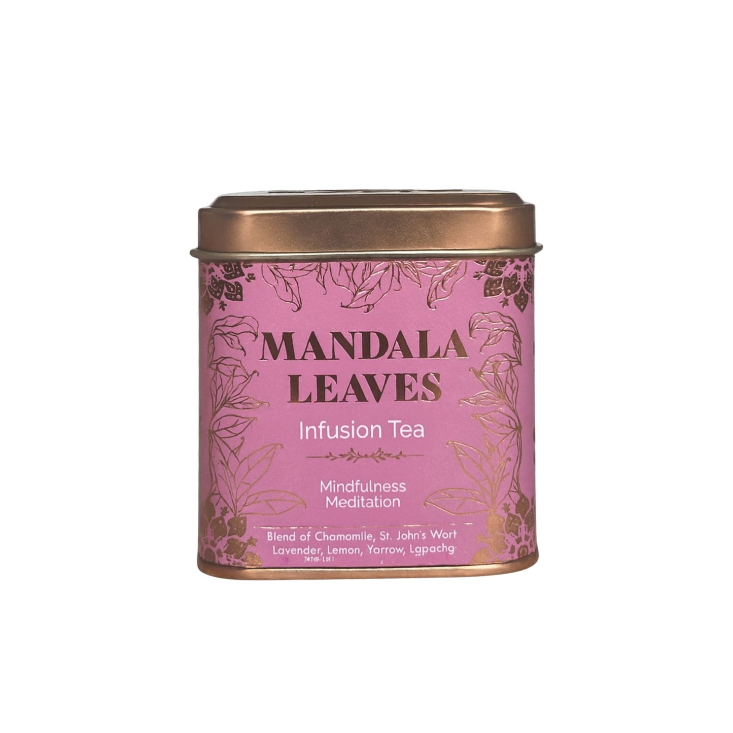 Eine rosafarbene Metalldose mit Mandala Leaves Infusion Tea und goldenen Blattmustern.