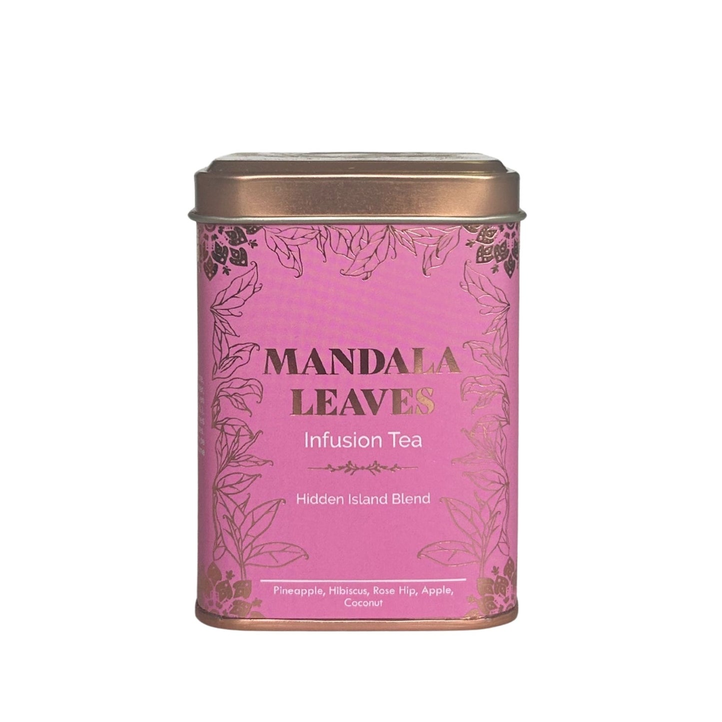 Eine rosa Dose Mandala Leaves Infusion Tea mit goldenem Blattmuster.