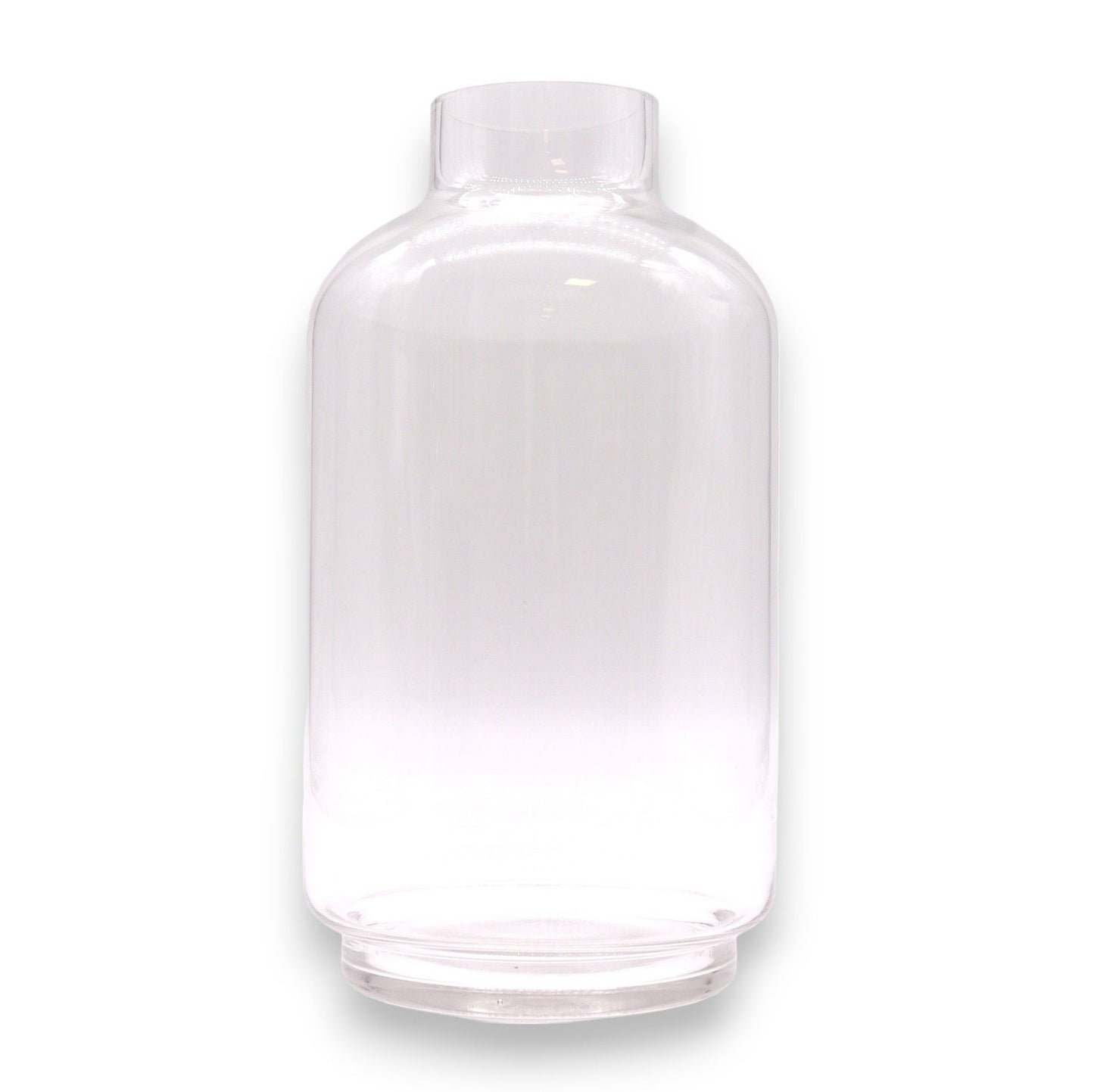 Clear glass bottle with a rounded top and a flat base.