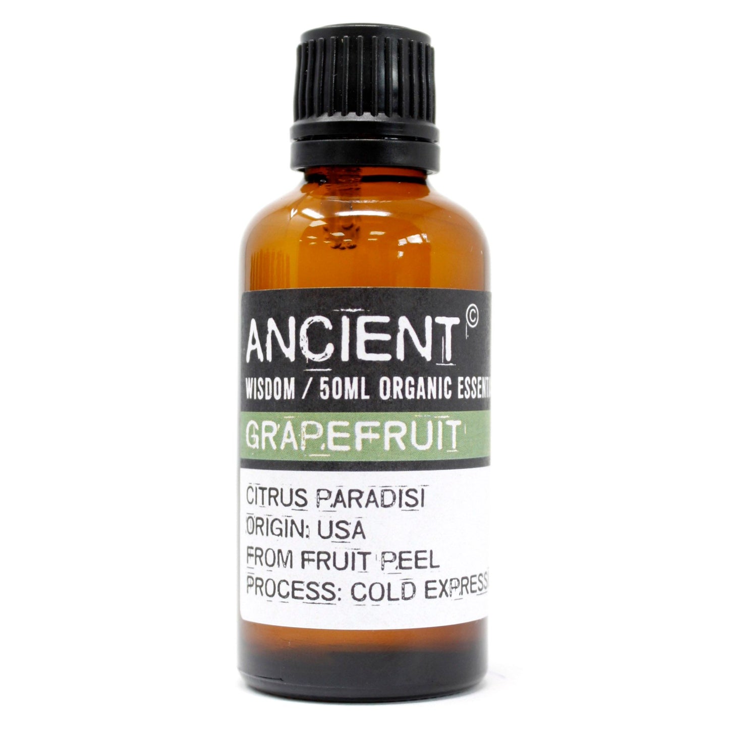 Eine Flasche Grapefruit ätherisches Öl mit schwarzem Deckel und Etikett.