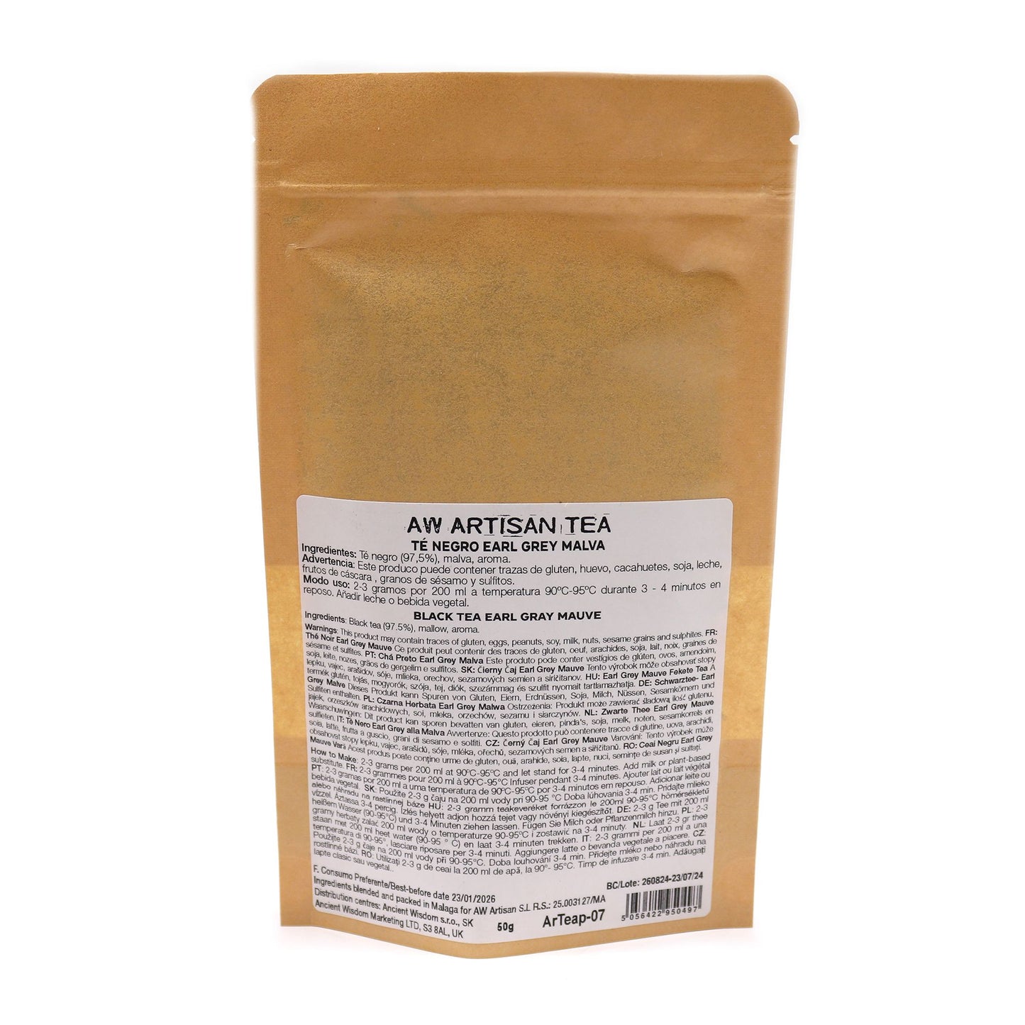 50g Merlin's Favorite Earl Grey loose leaf black tea in a brown pouch.