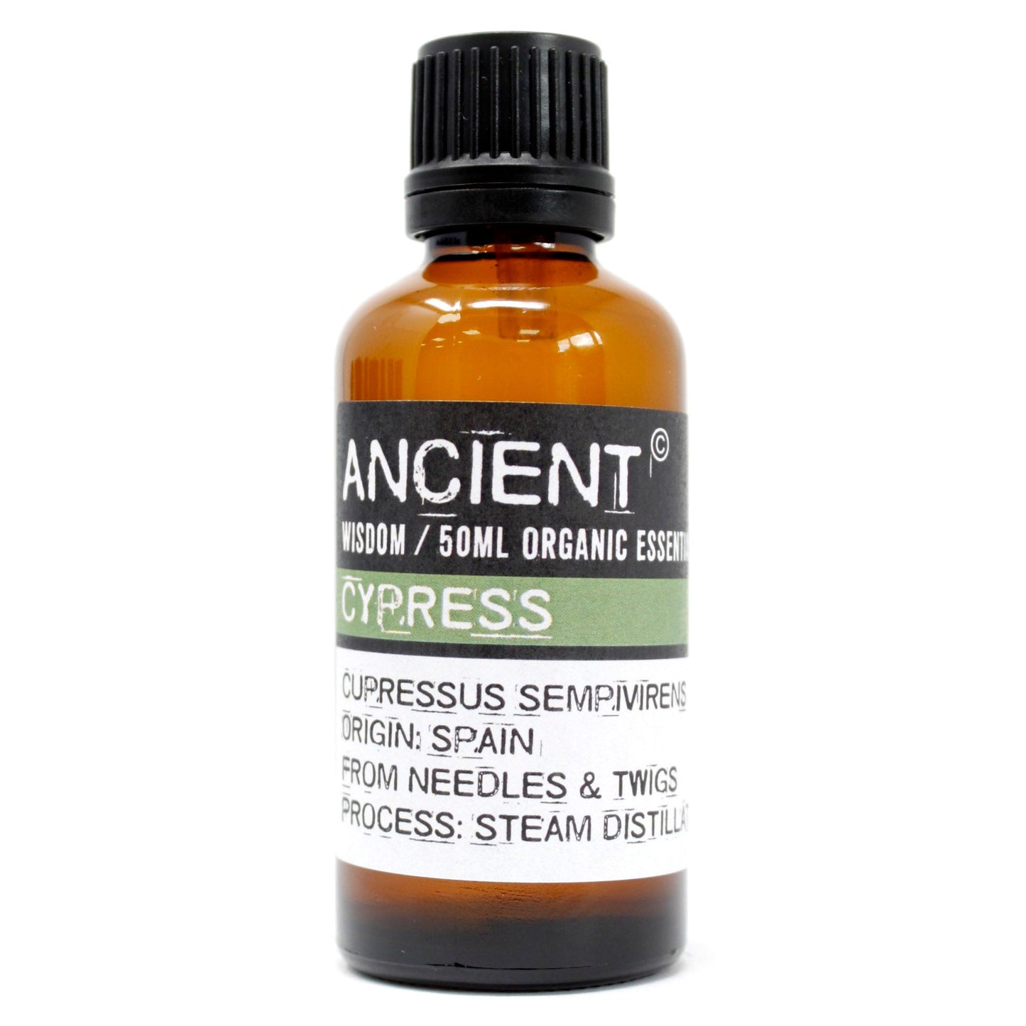 Eine braune Glasflasche mit schwarzem Deckel und einem Etikett mit der Aufschrift "ANCIENT WISDOM CYPRESS".
