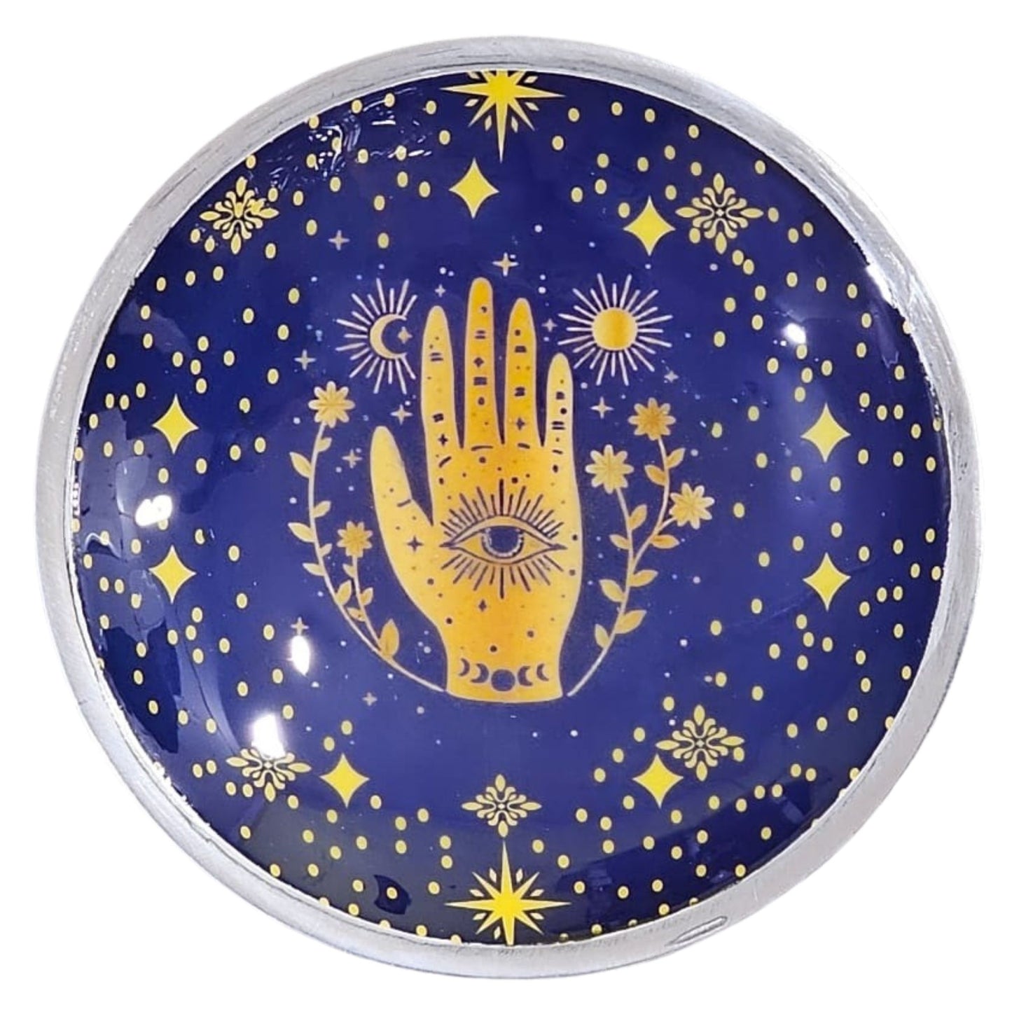 Dreibeinige Opferplatte mit Hamsa-Motiv in Mitternachtsblau.