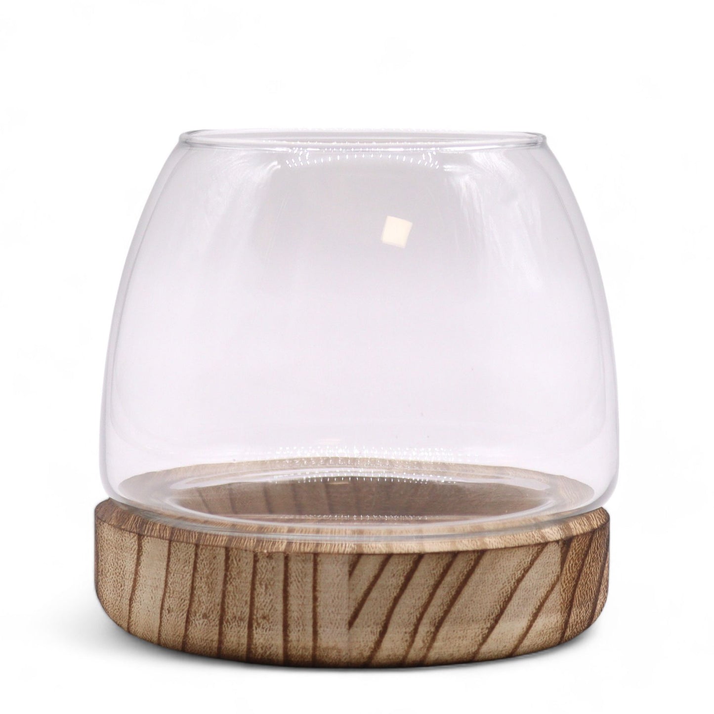 Small glass terrarium with a natural tung wood base.