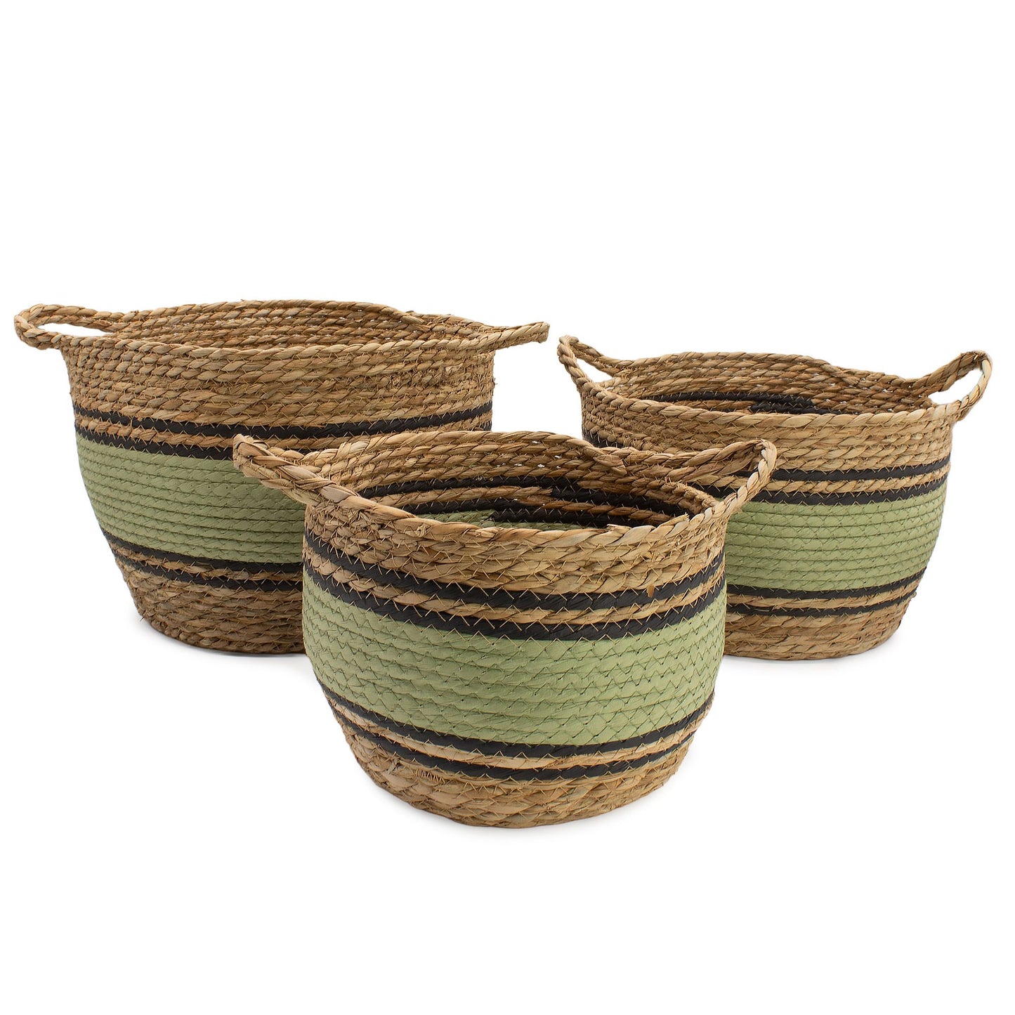 Set of 3 natural, black, and green cotton and seagrass baskets with handles.