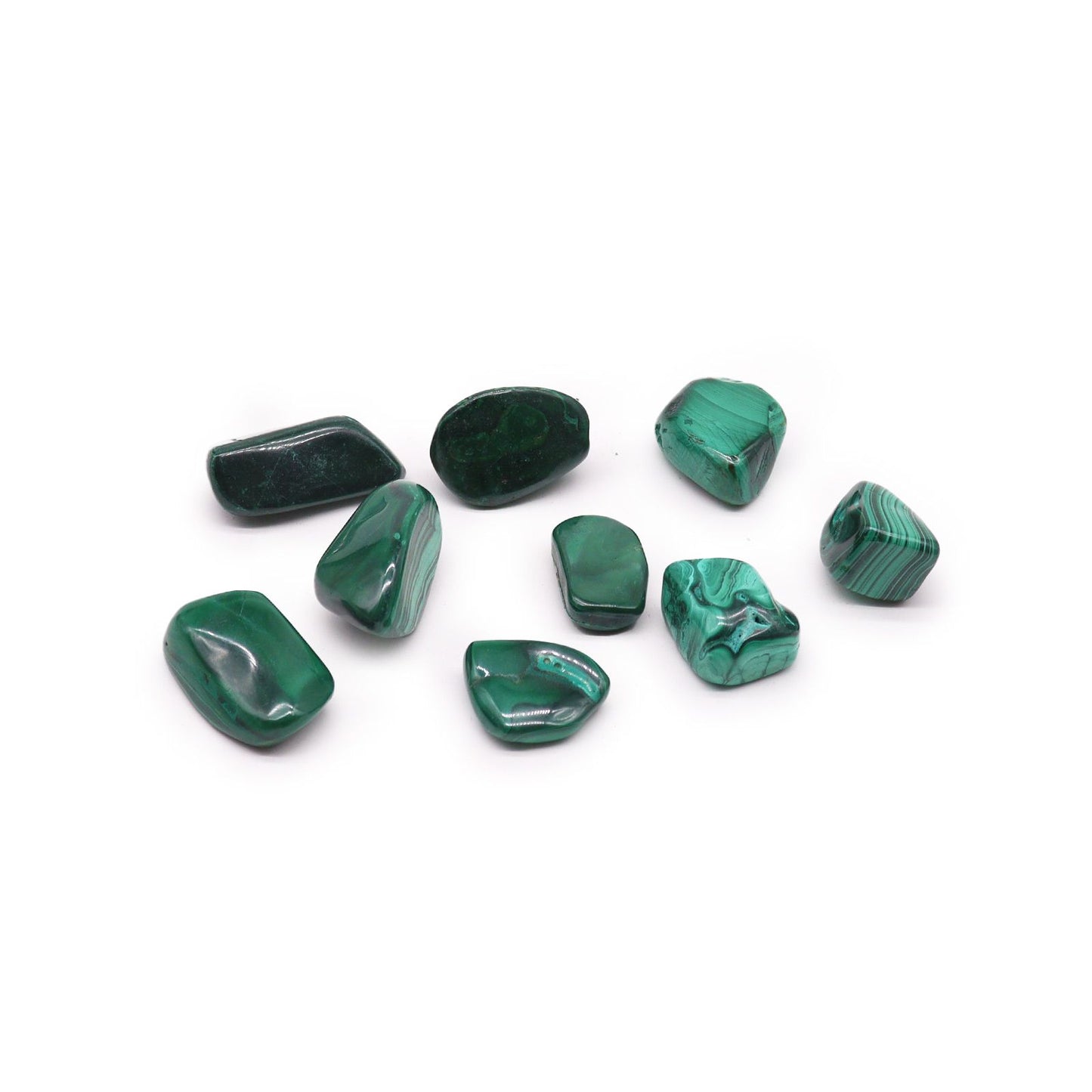 A collection of tumbled malachite stones with green banded patterns.