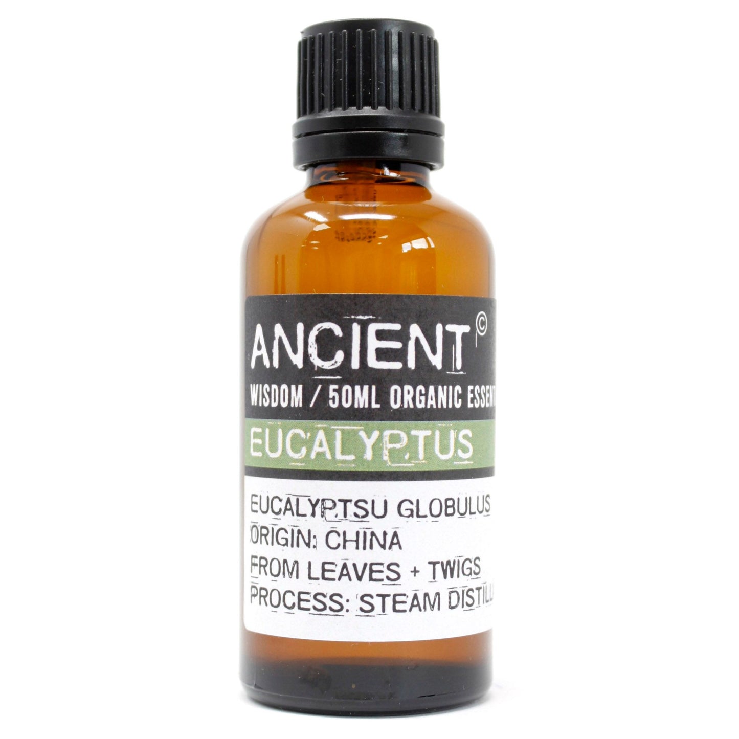 Amber glass bottle of Ancient Wisdom Eucalyptus essential oil.