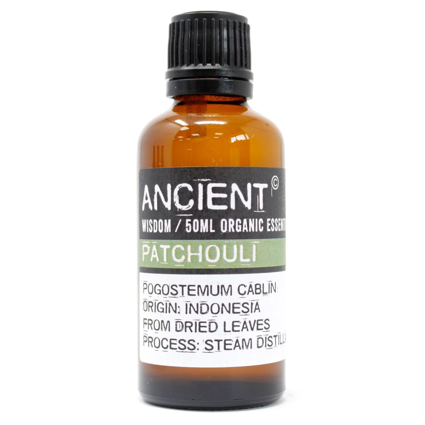 Amber glass bottle of Ancient Wisdom Patchouli essential oil.