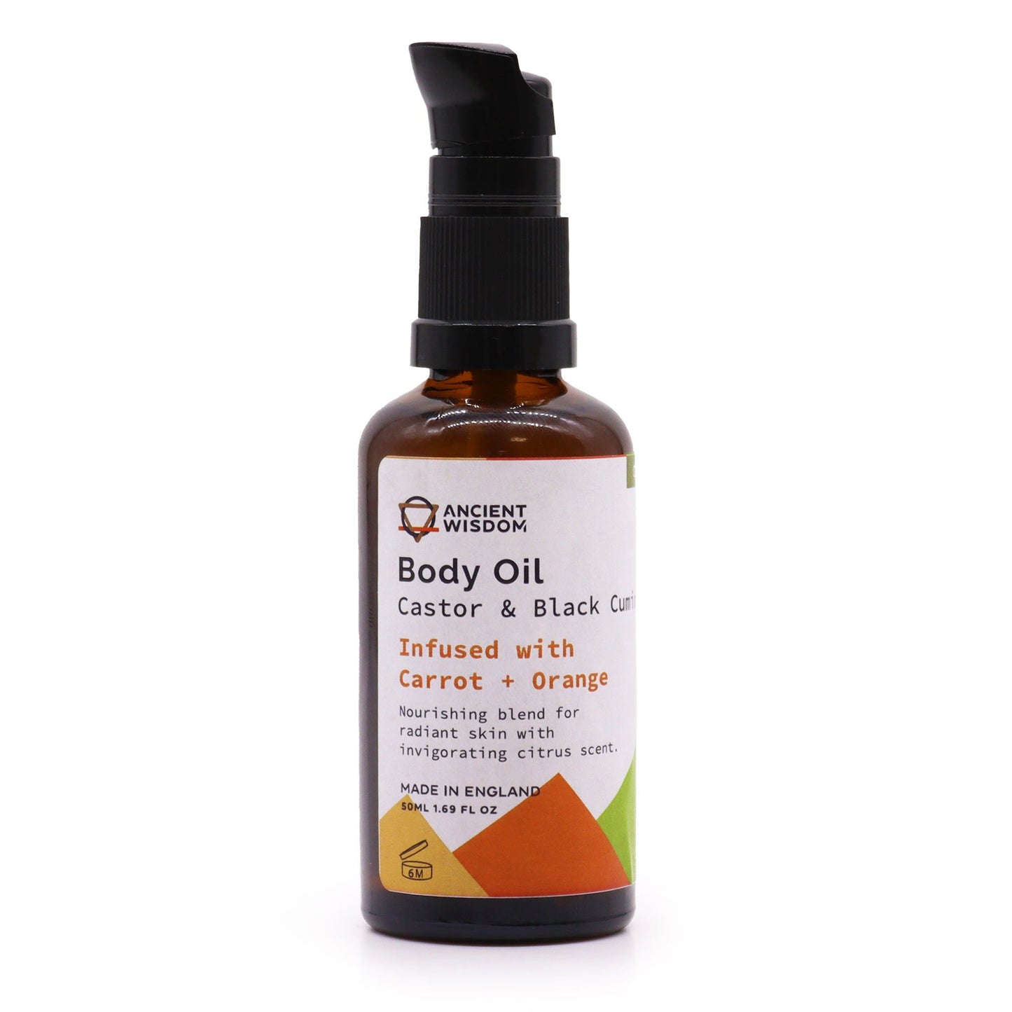 Bio Aromatherapie-Körperöl 50 ml mit Karotte & Orange in Bernsteinglasflasche.