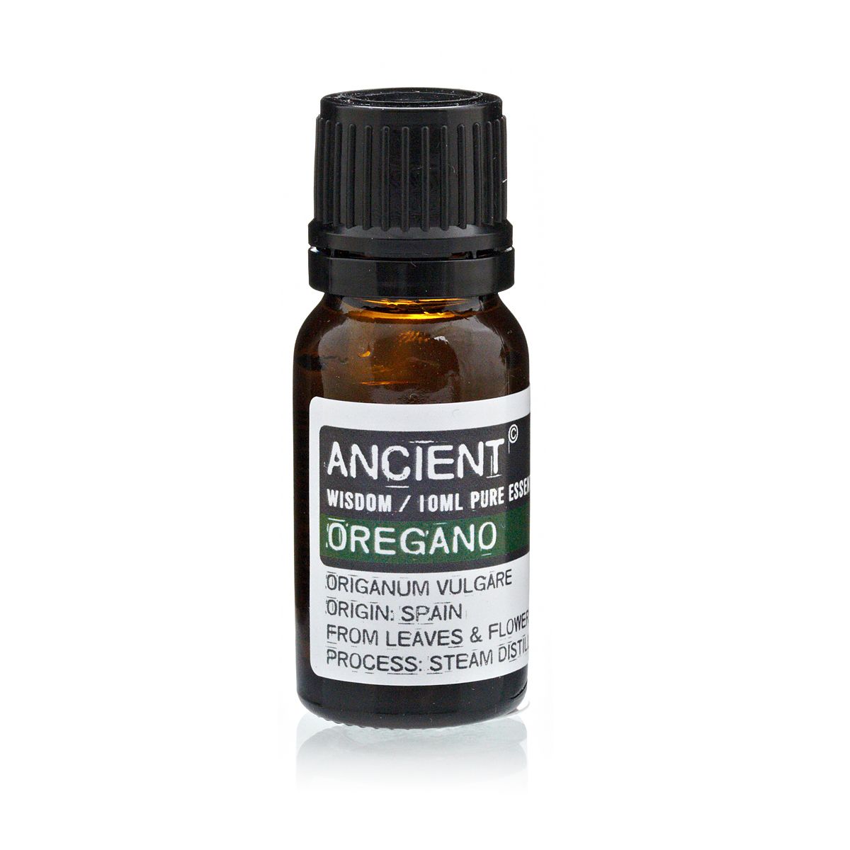 A 10ml bottle of Ancient Oregano essential oil with a black cap.