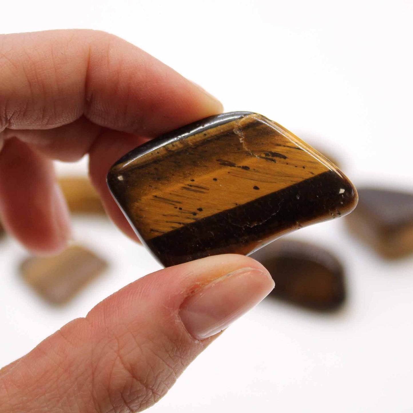 A hand holds a polished tiger eye stone with gold and brown bands.