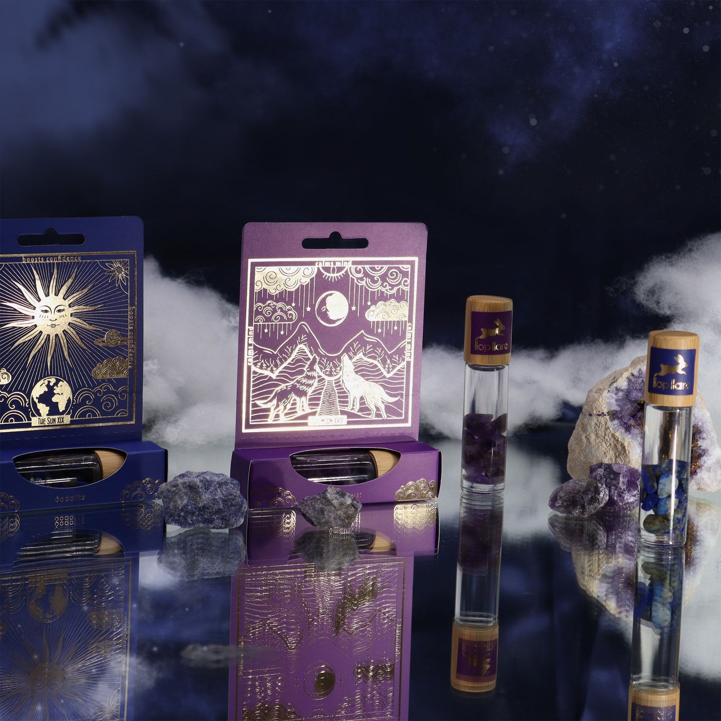 Roll-on Flasche mit Amethyst-Splittern und Lavendelduft.