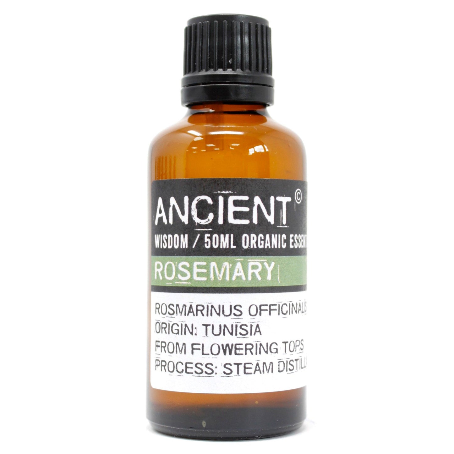 Amber bottle of Ancient Wisdom Rosemary essential oil, 50ml.