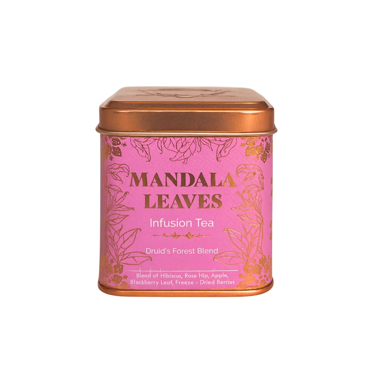 Eine rosa Teedose mit goldenem Aufdruck von Mandala Leaves Druid's Forest Blend.