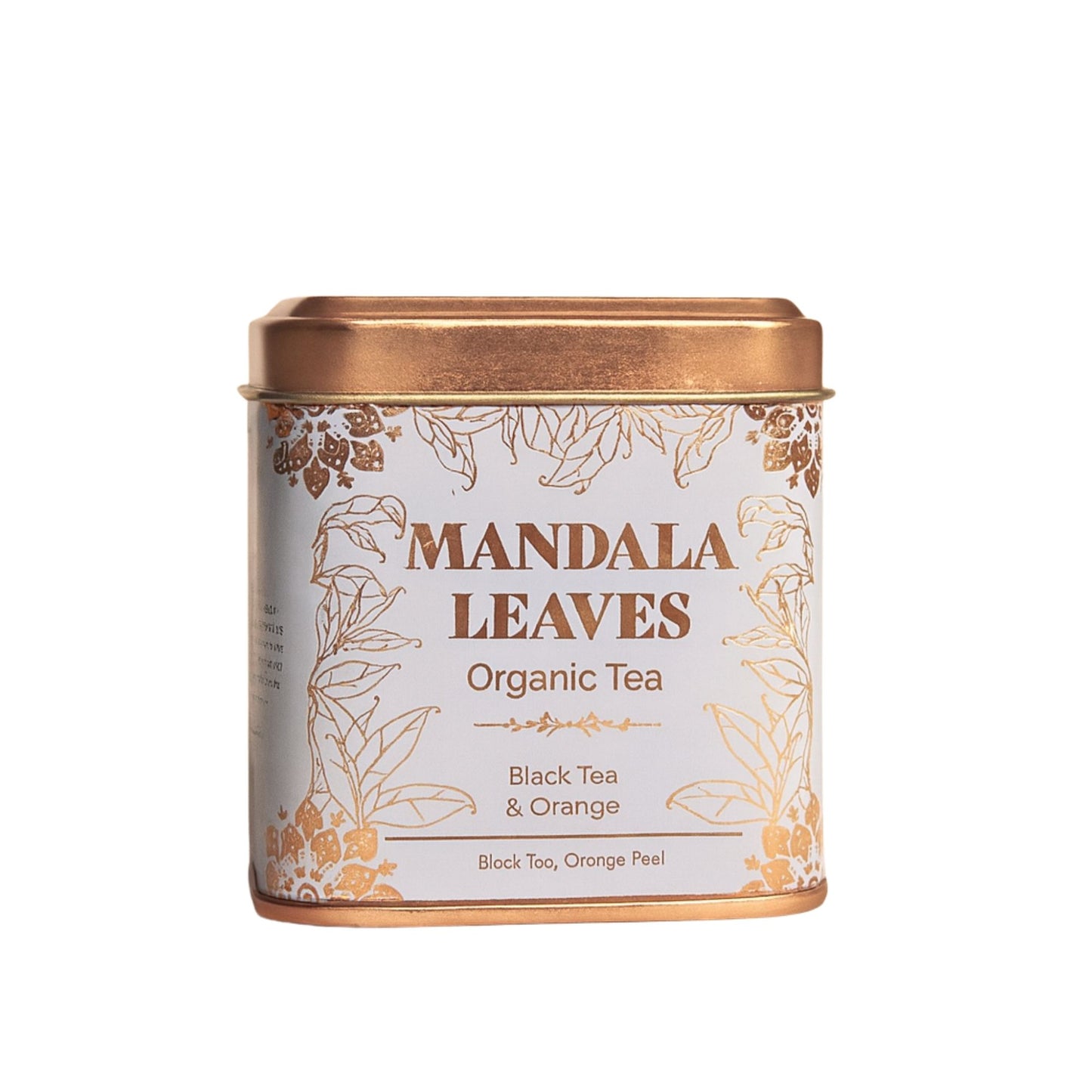 Eine Metalldose mit Mandala Leaves Bio-Schwarztee mit Orangenschale.