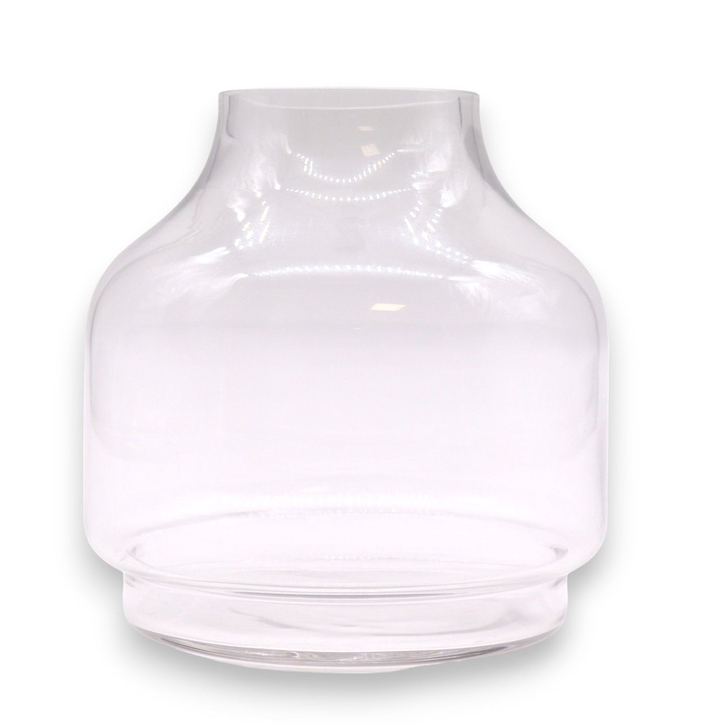 Clear glass terrarium with a rounded top and a wide base.