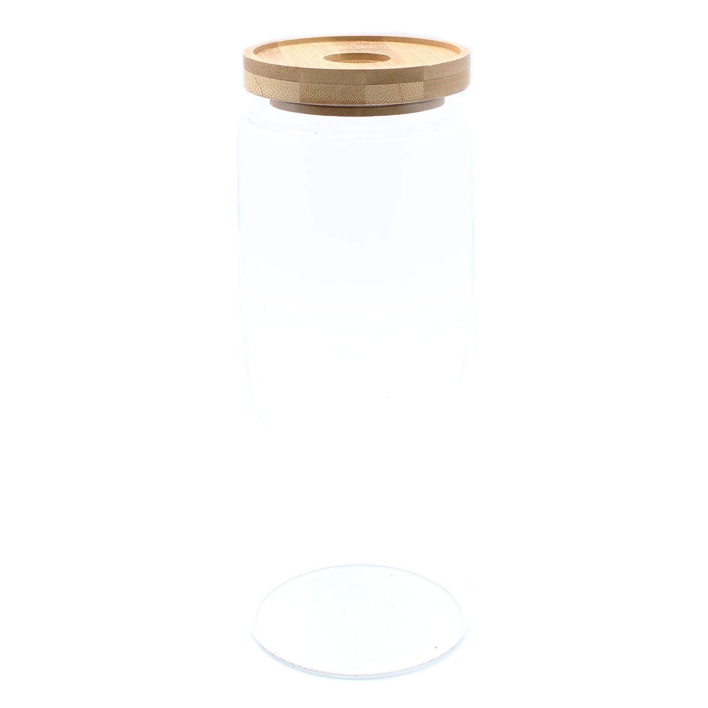 Vorratsglas aus Glas mit rundem Bambusdeckel.
