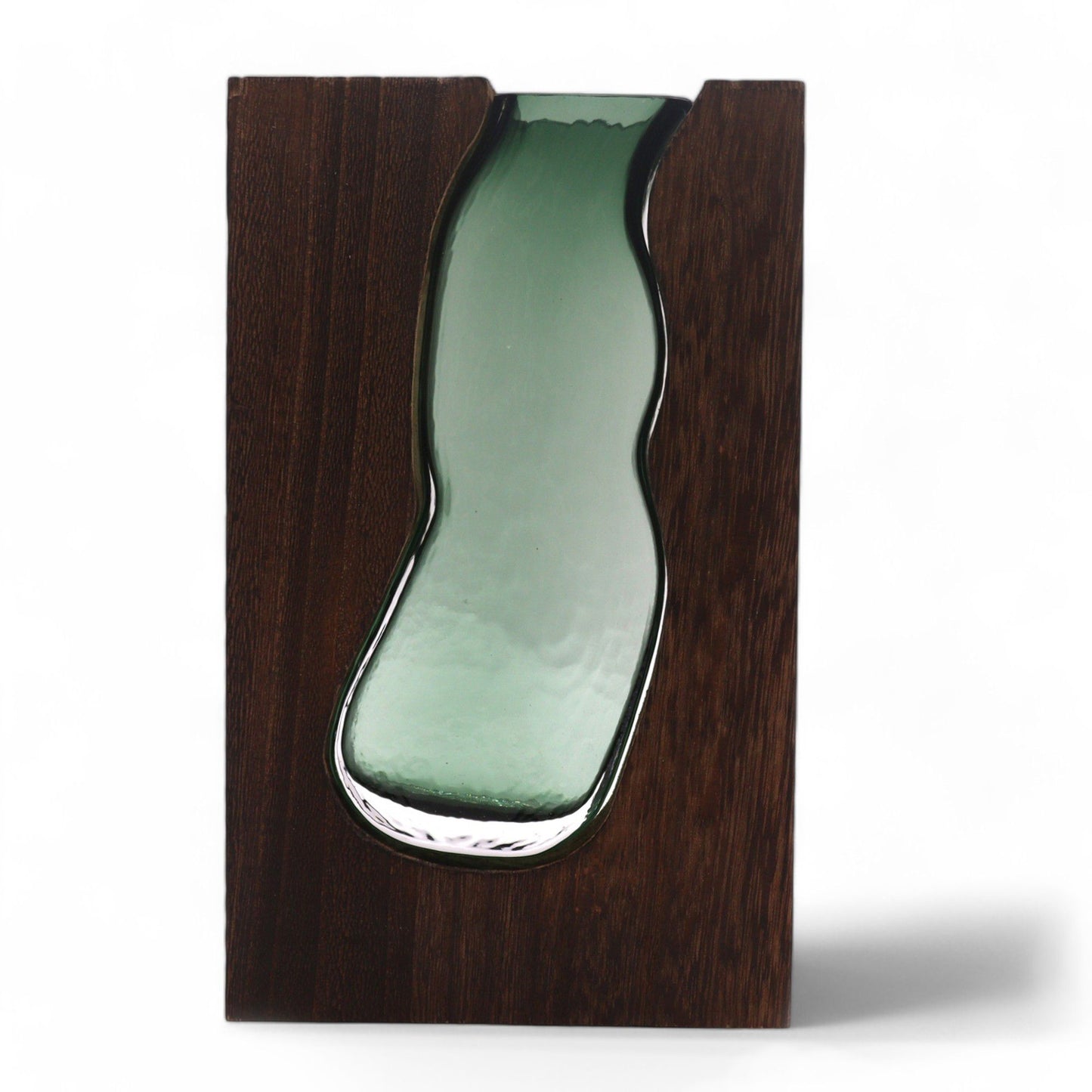 Glass vase with a wavy shape set into a dark wood rectangular base.