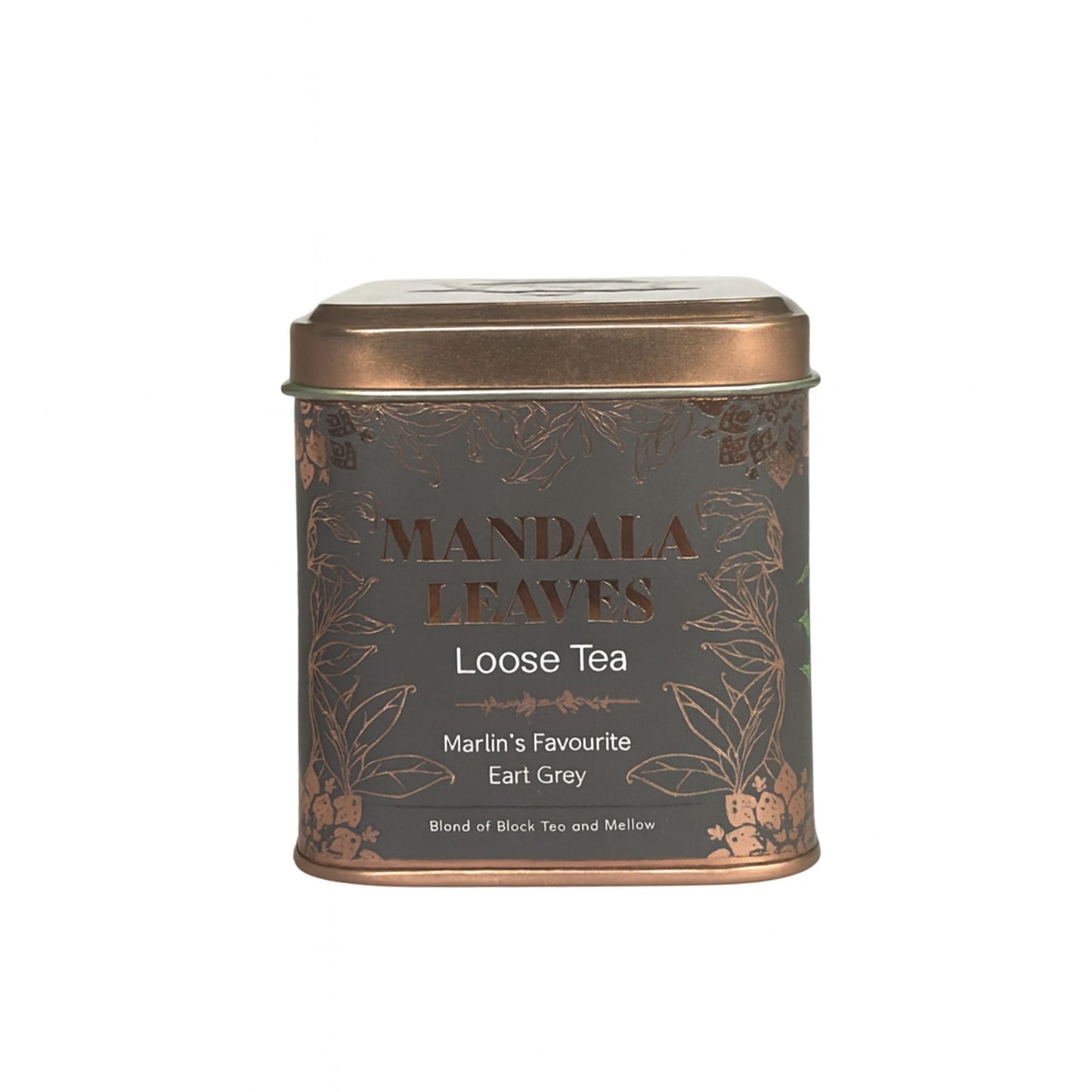 A grey tin of Mandala Leaves Loose Tea, Merlin's Favourite Earl Grey.