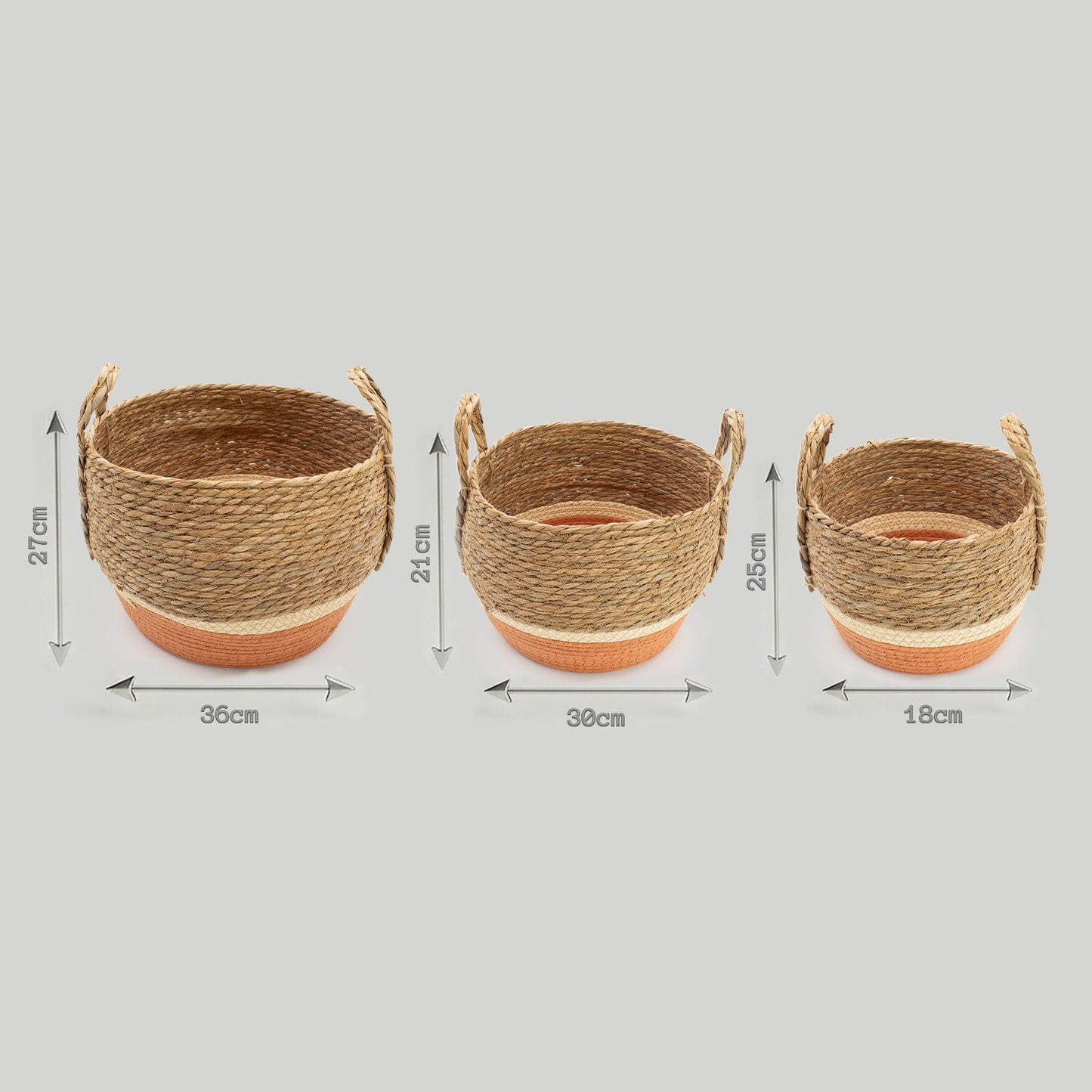 Set of 3 natural and orange straw and seagrass baskets with dimensions labeled.
