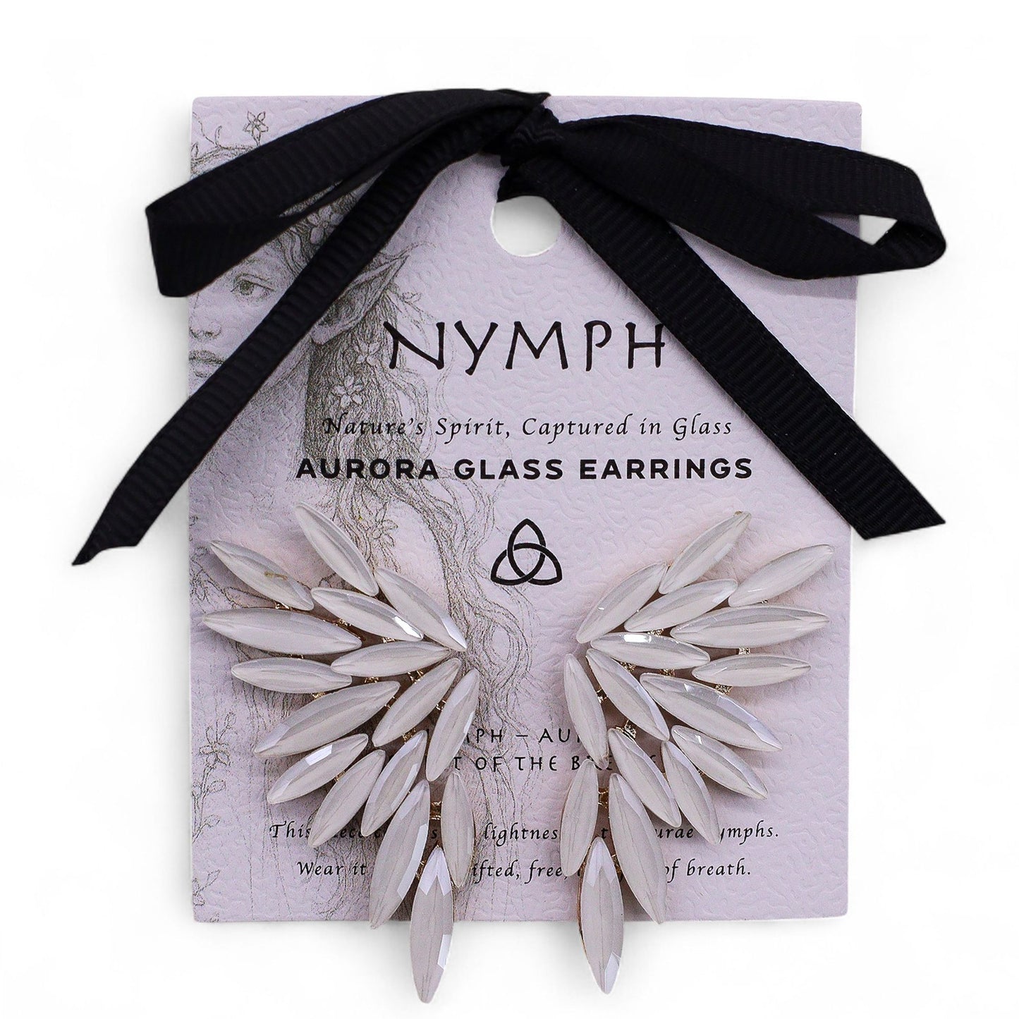 Vintage glass angel wing earrings with pearl accents on a card.
