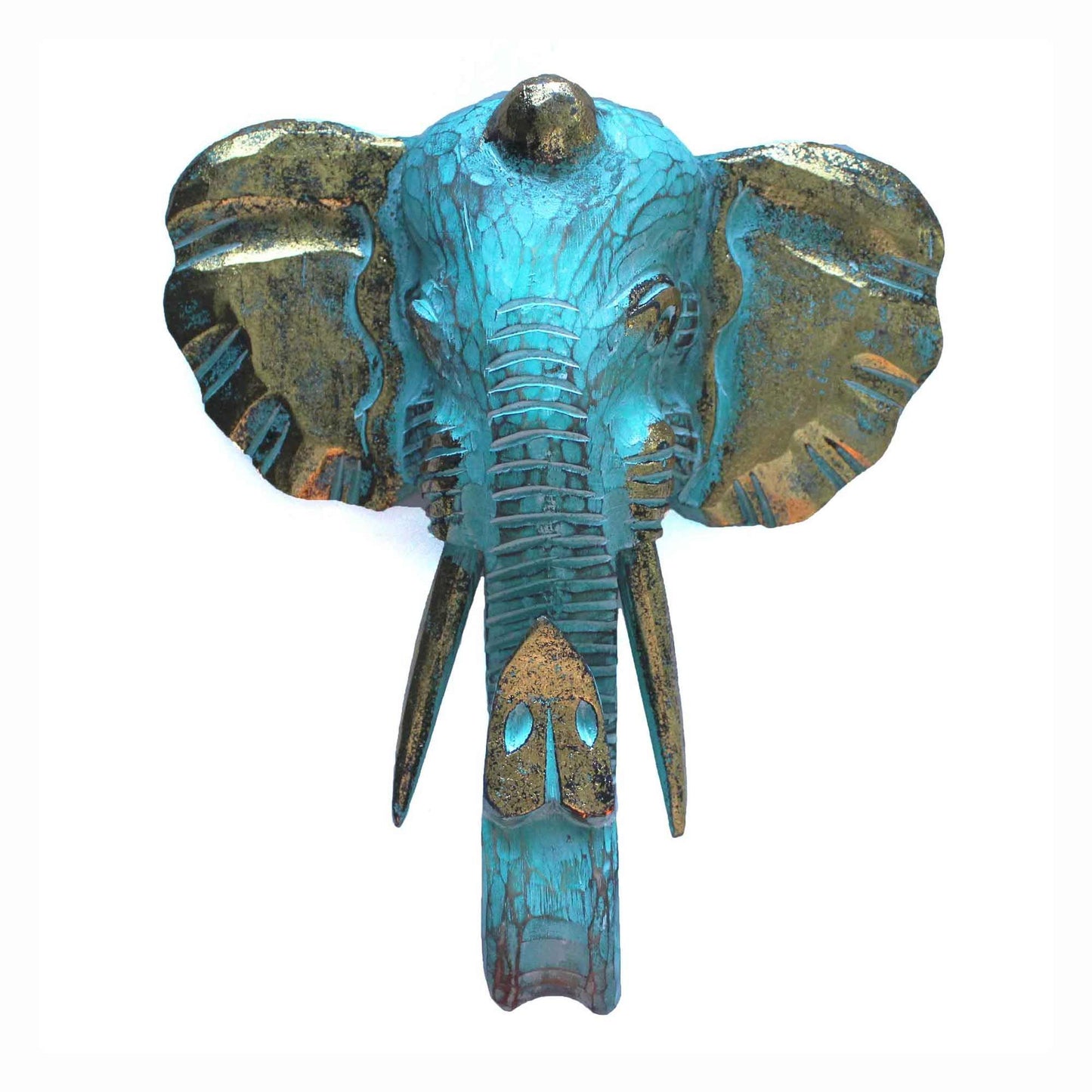 Large elephant head sculpture with gold and turquoise finish.