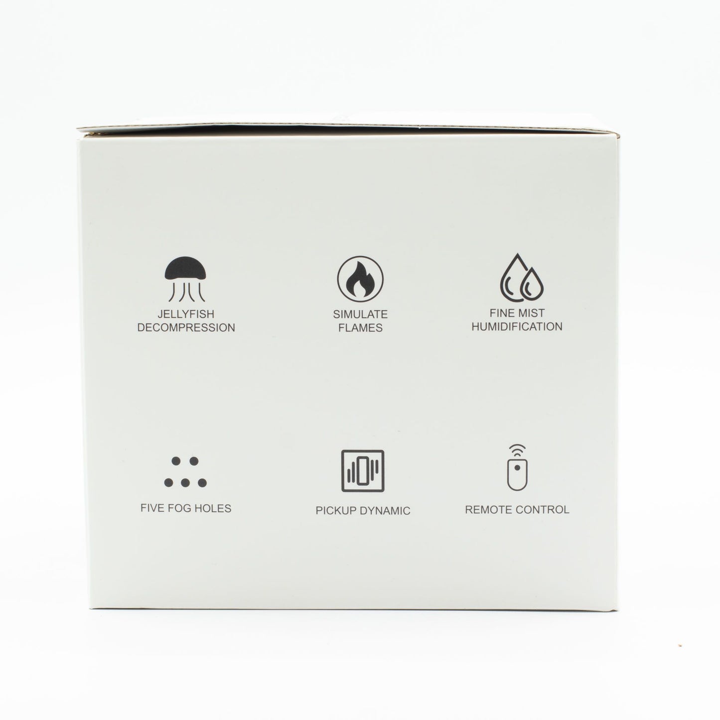 A white box with icons and text describing features like jellyfish decompression, simulated flames, and fine mist humidification.