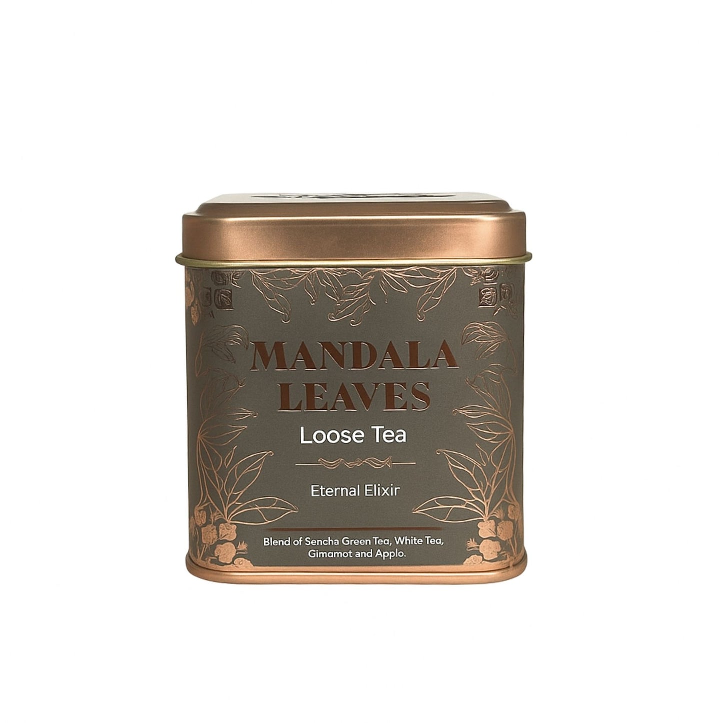 Eine graue Metalldose mit goldener Verzierung für Mandala Leaves Loose Tea.