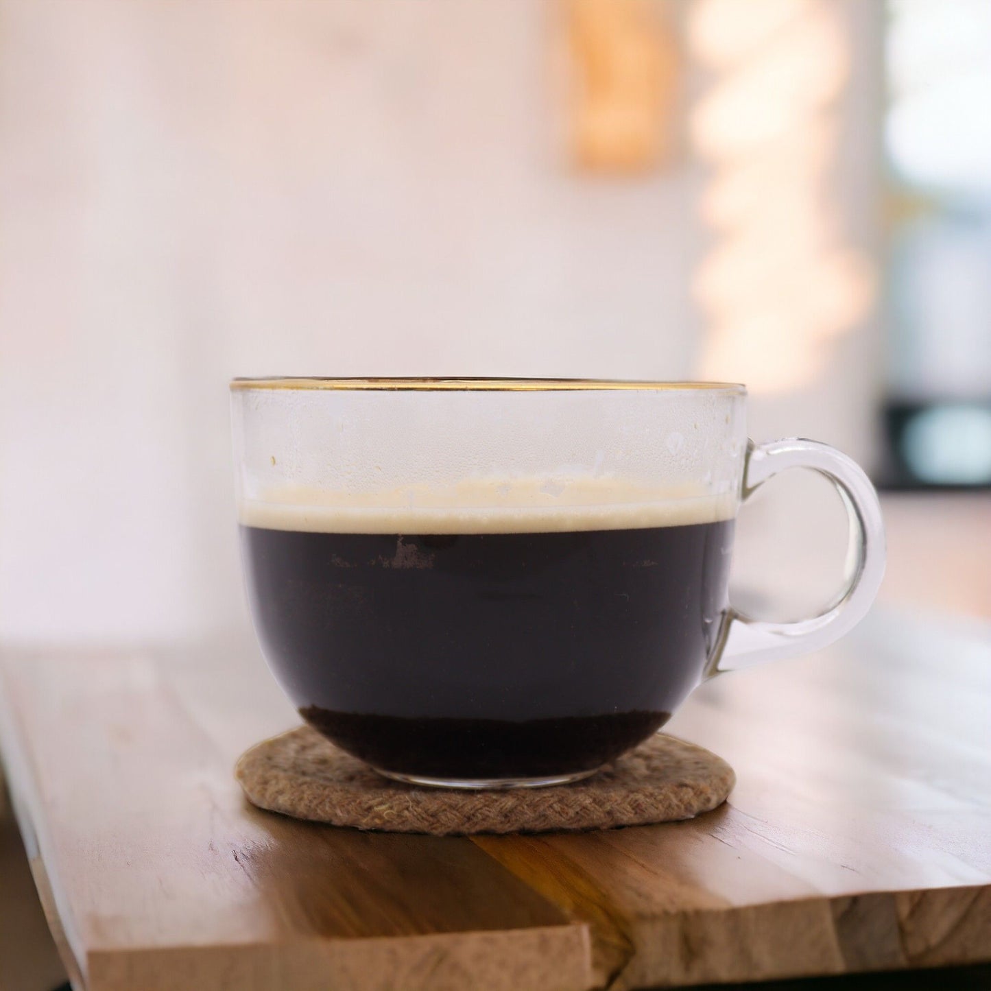 A clear glass mug of dark coffee with a frothy top sits on a round jute coaster on a wooden surface.