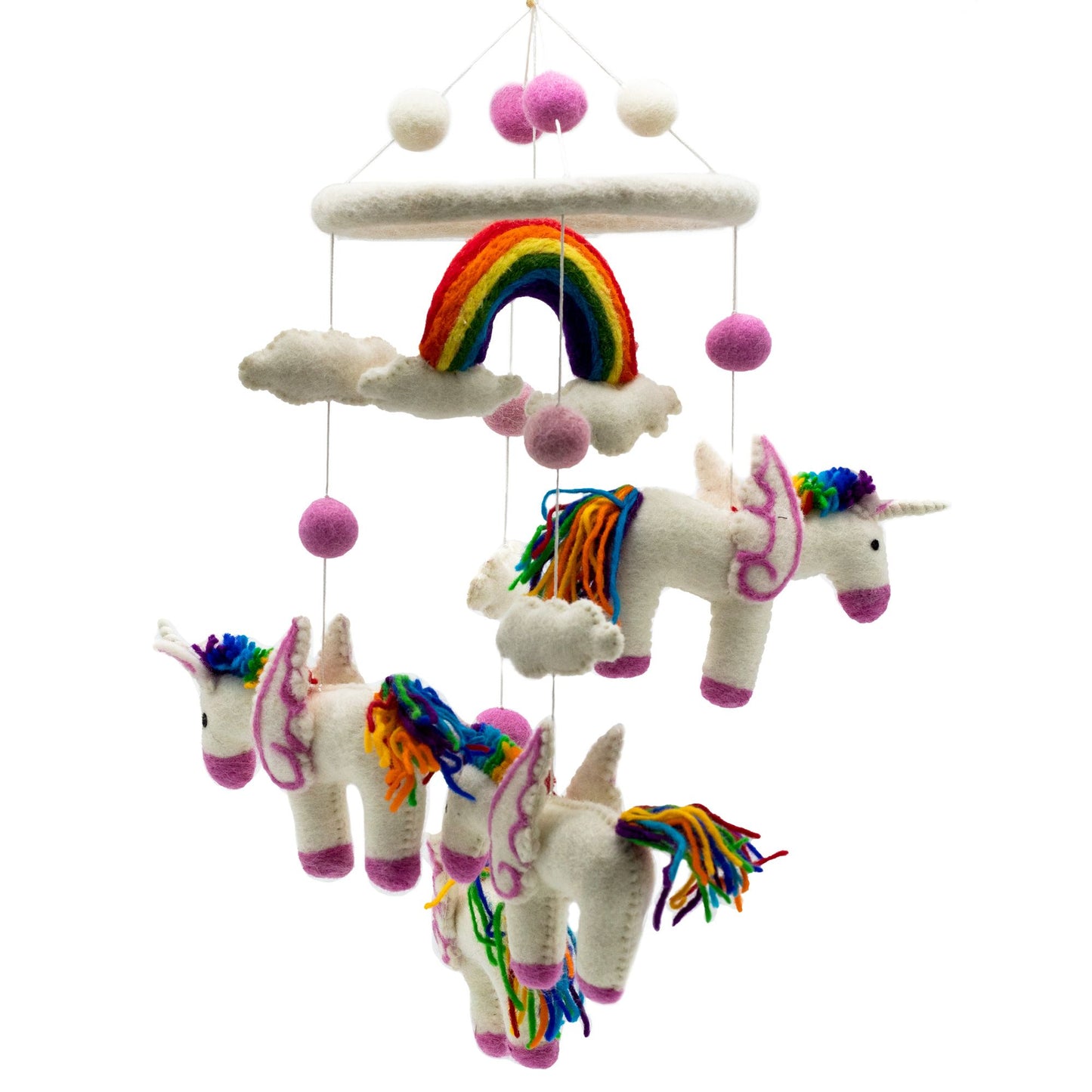 Handgemachtes Filz-Mobile mit Einhörnern, Regenbogen und Wolken.