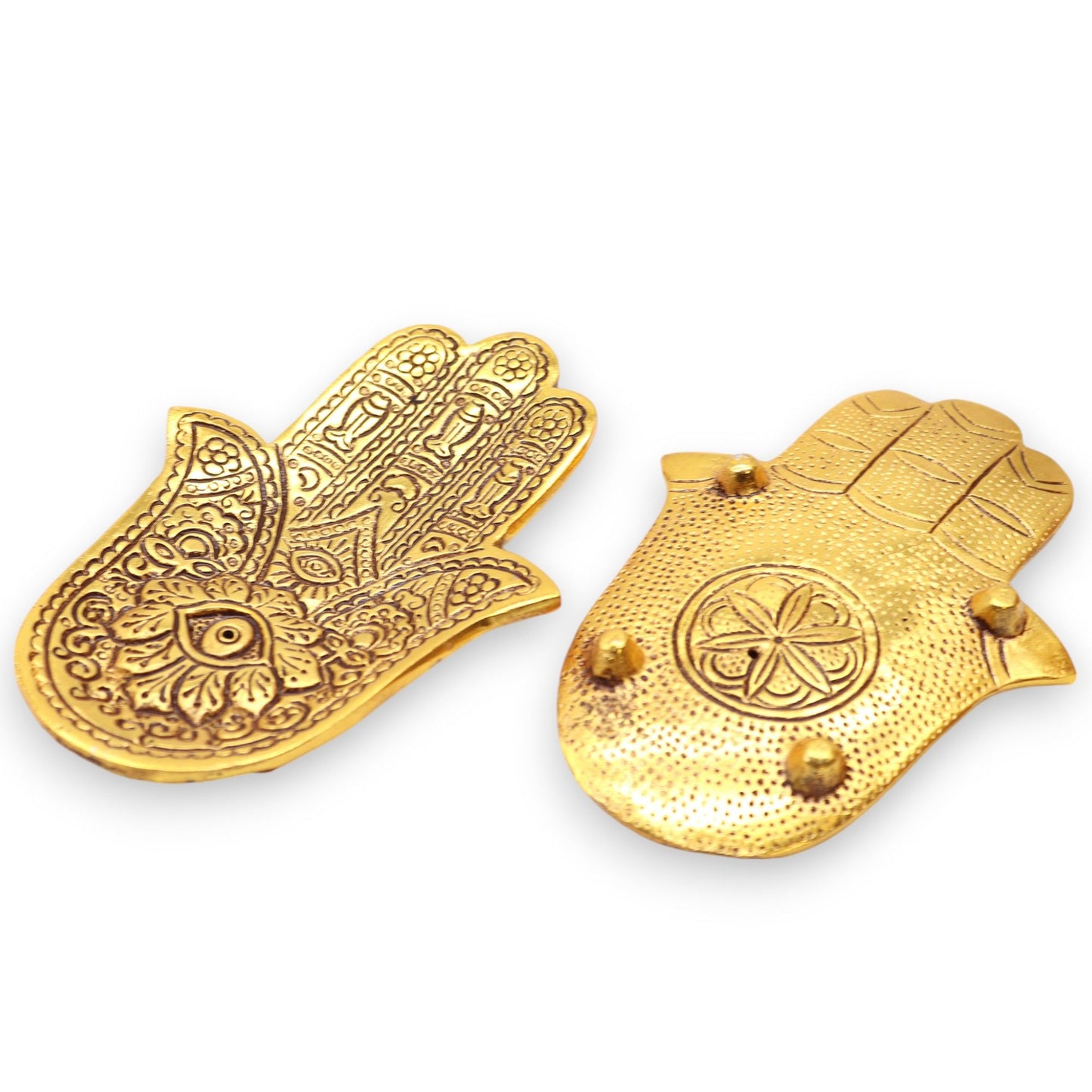 Gold aluminum small Hamsa incense holder with intricate detailing.