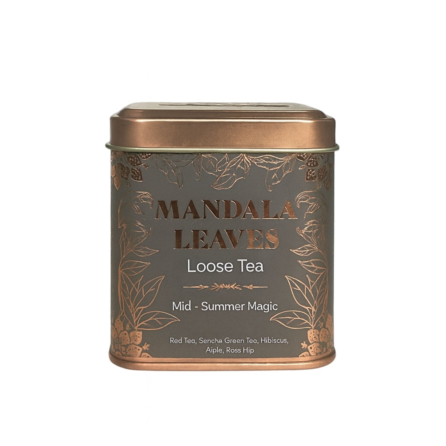 Eine graue Metalldose mit goldener Blattverzierung und der Aufschrift "Mandala Leaves Loose Tea Mid-Summer Magic".