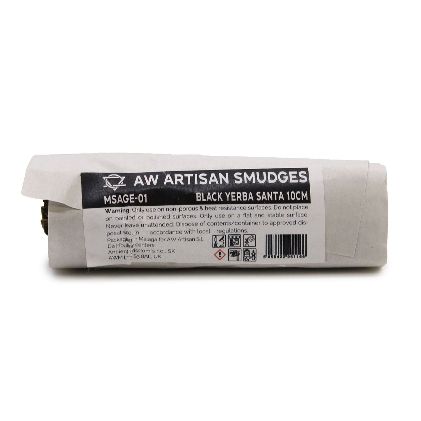 Smudge Stick aus schwarzem Salbei, 10cm lang, in Papier verpackt.