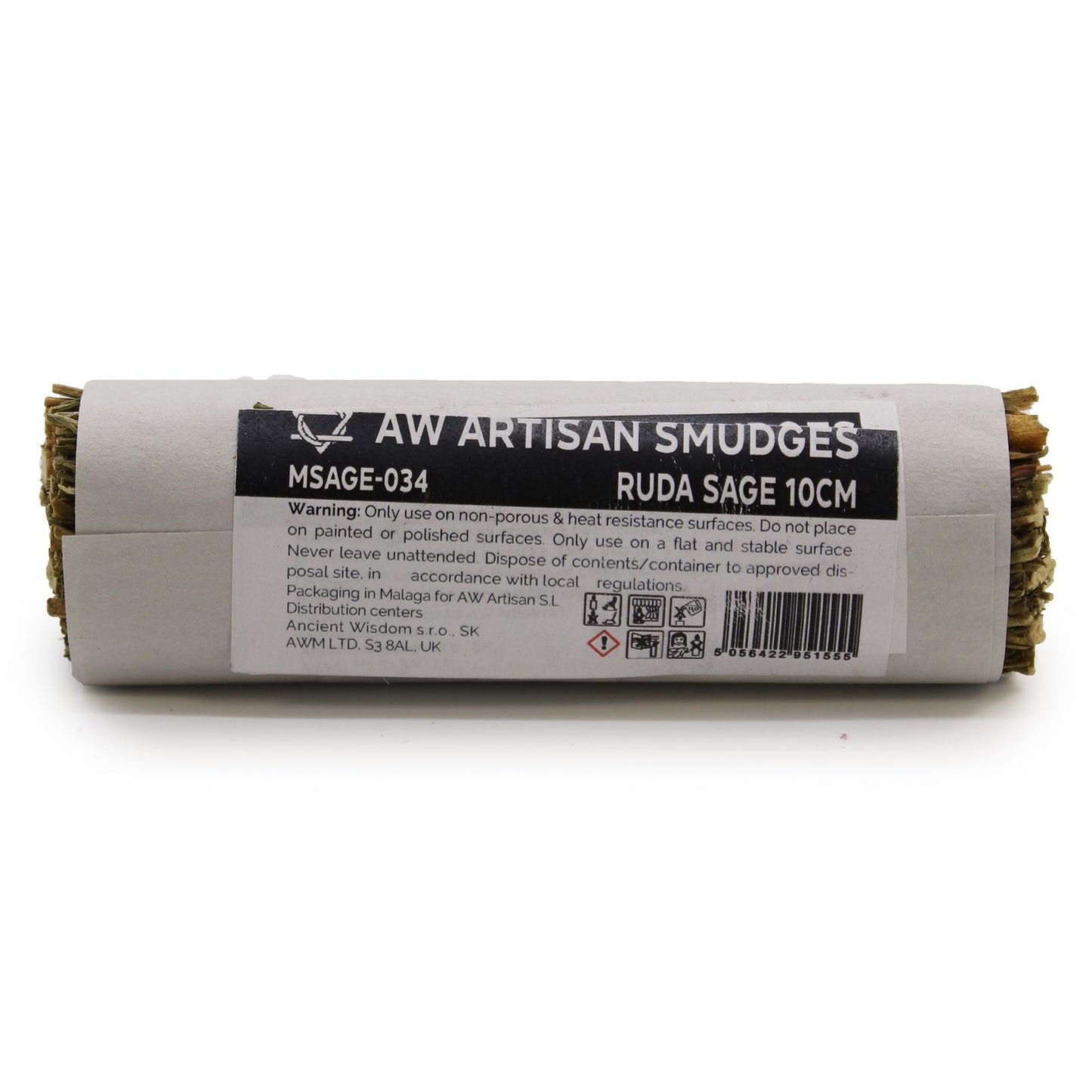 Ruda-Salbei Smudge Stick 10cm mit Warnhinweisen und Barcode.