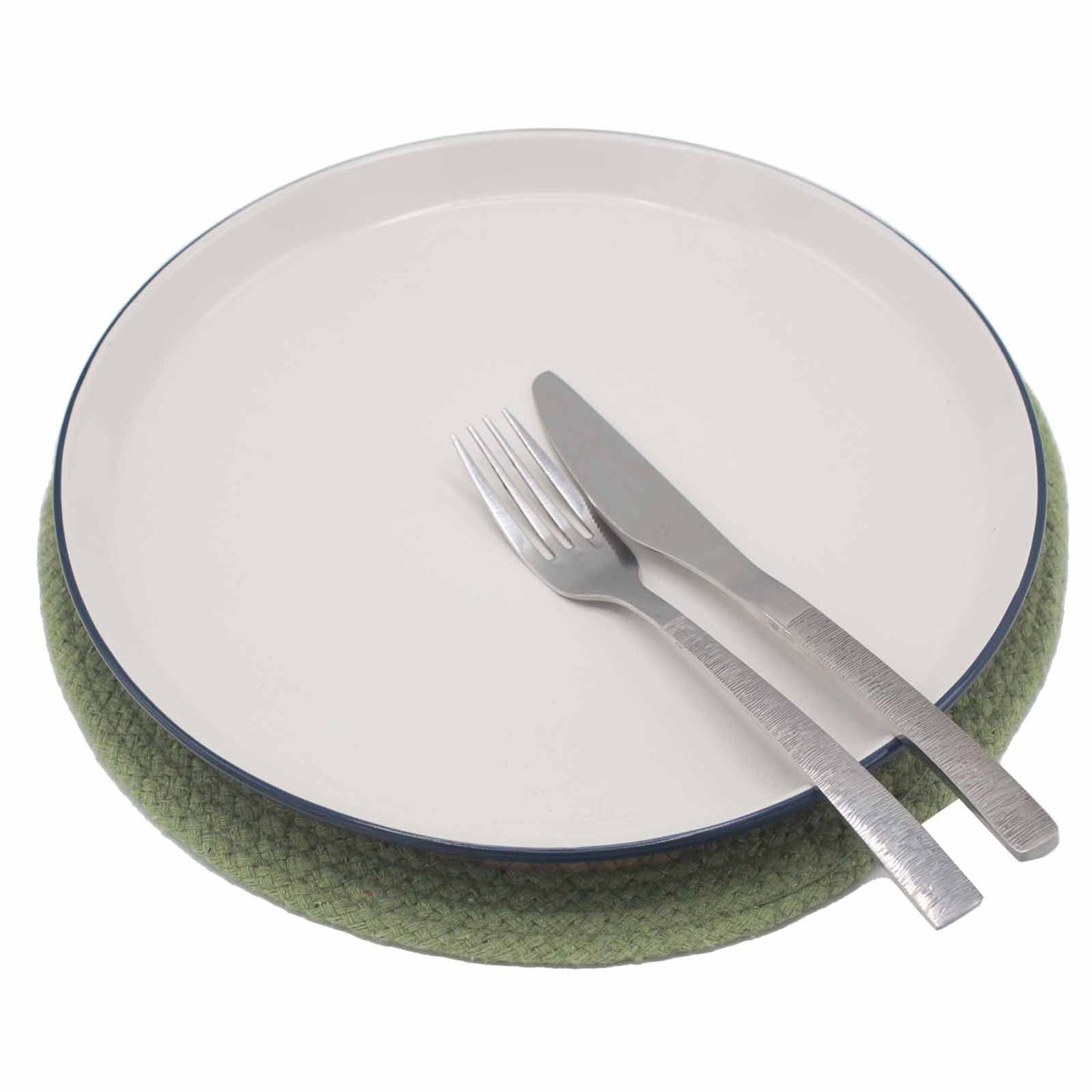 Olive bordered jute and cotton place mat with cutlery.