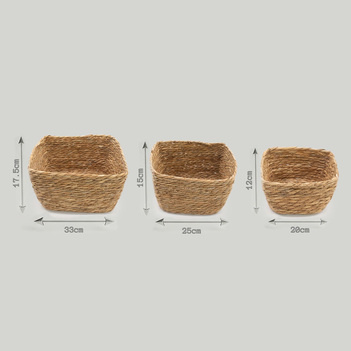 Set of 3 natural seagrass square baskets with dimensions labeled.