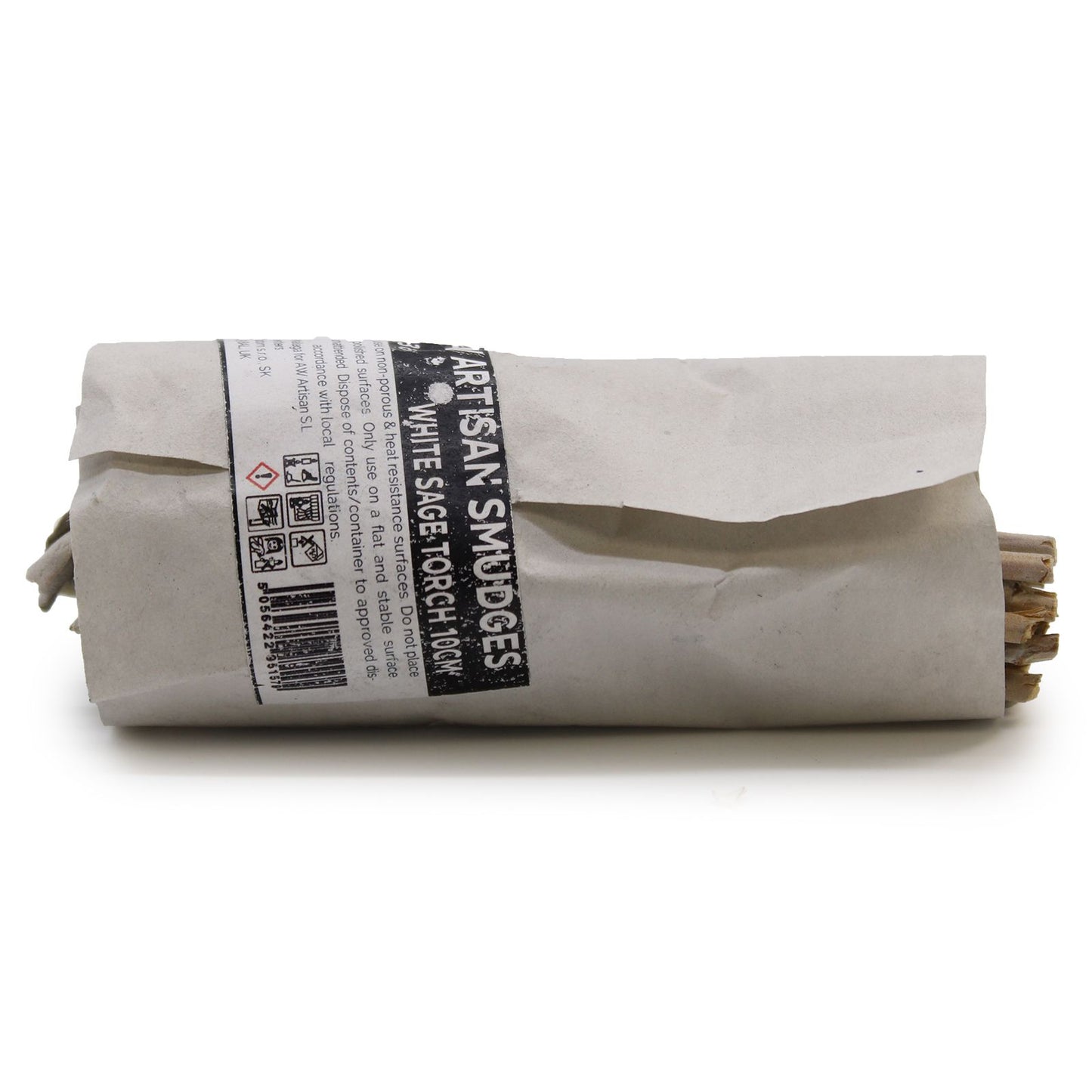 Artisan Smudges White Sage Torch 10cm smudge stick wrapped in paper.