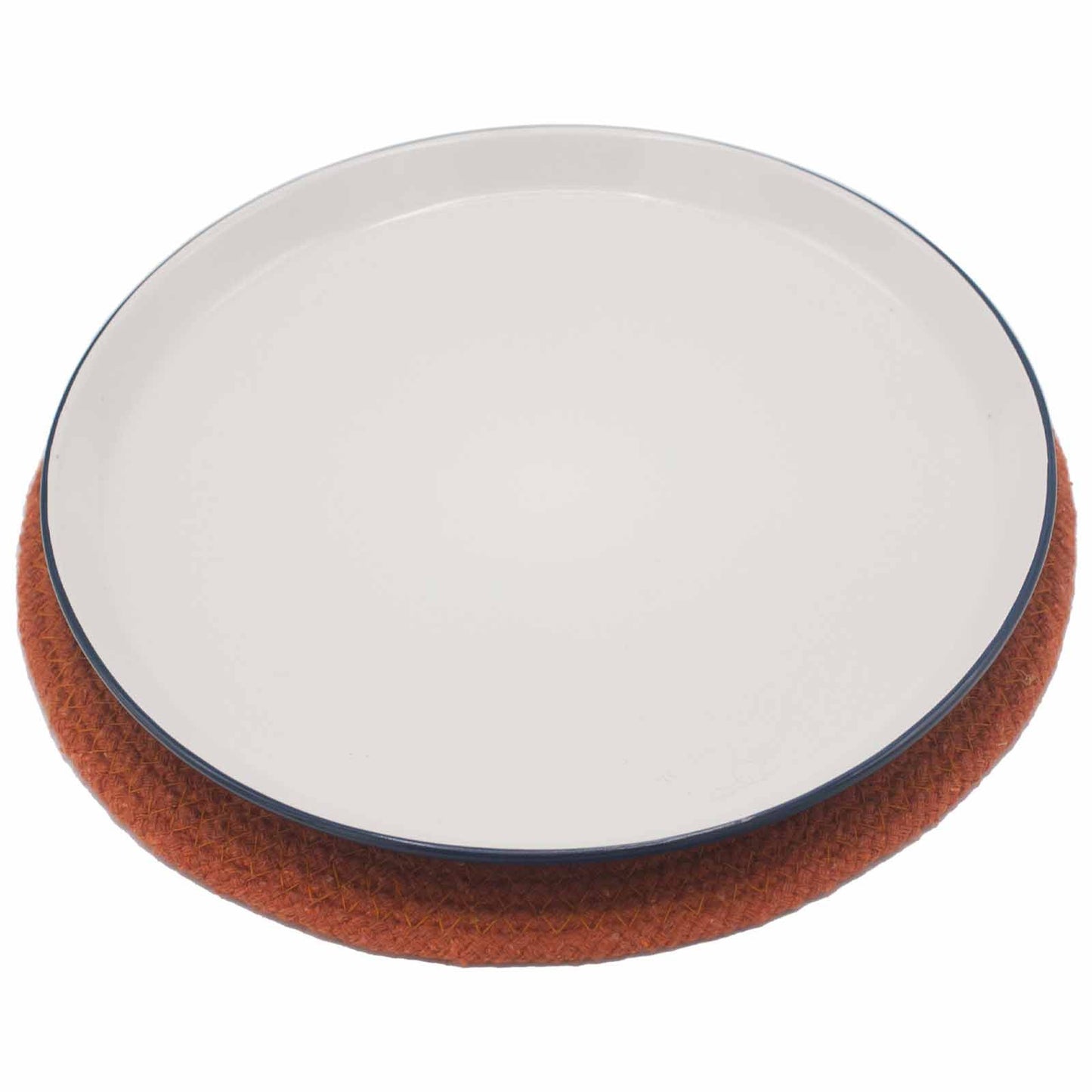 Round jute and cotton placemat with a clay border.