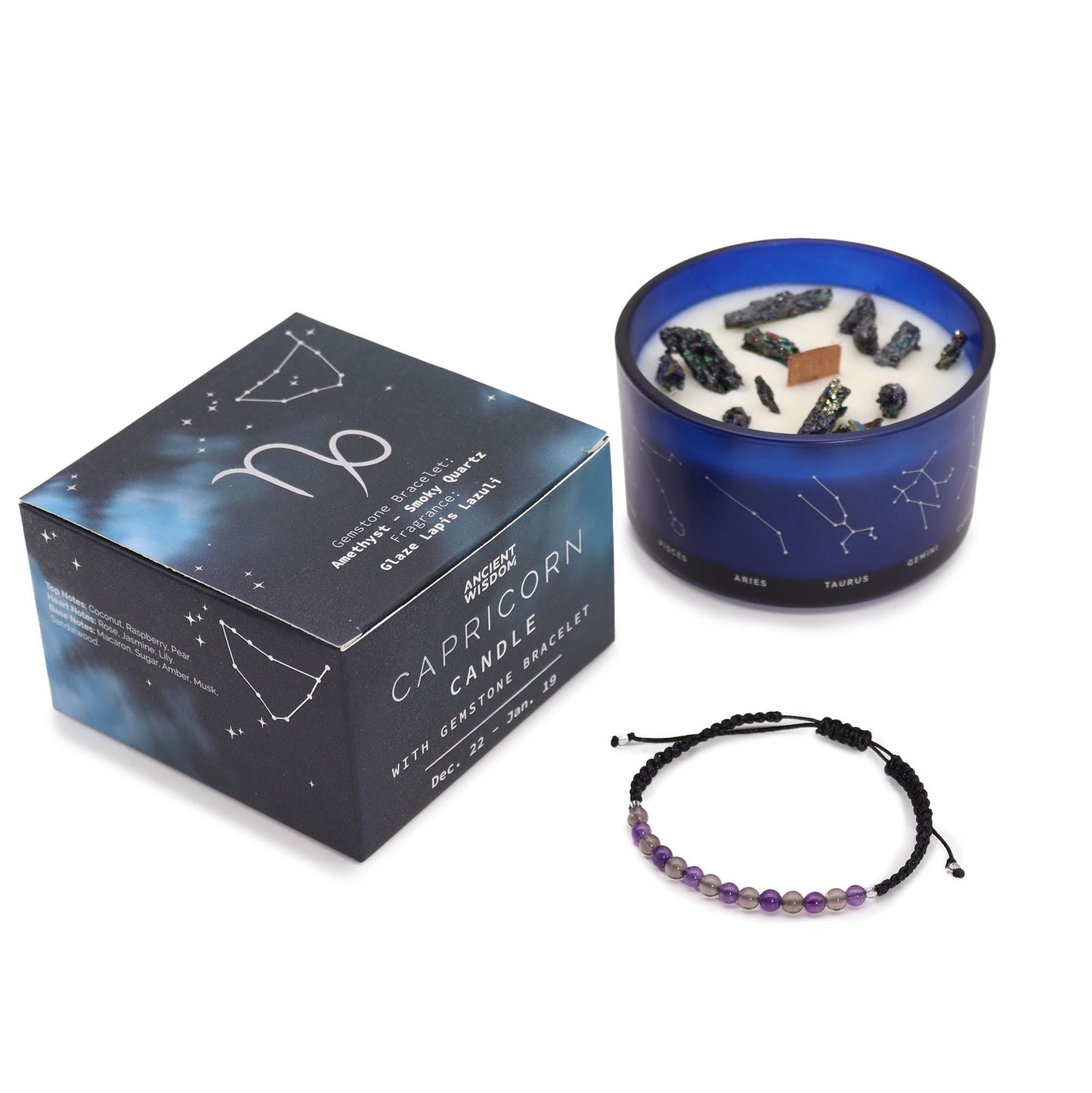Geschenkset - Sternzeichen Kristallkerzen aus Soyawachs und natürlichen Duftölen mit Kristallen und Armband - Flow of Passion