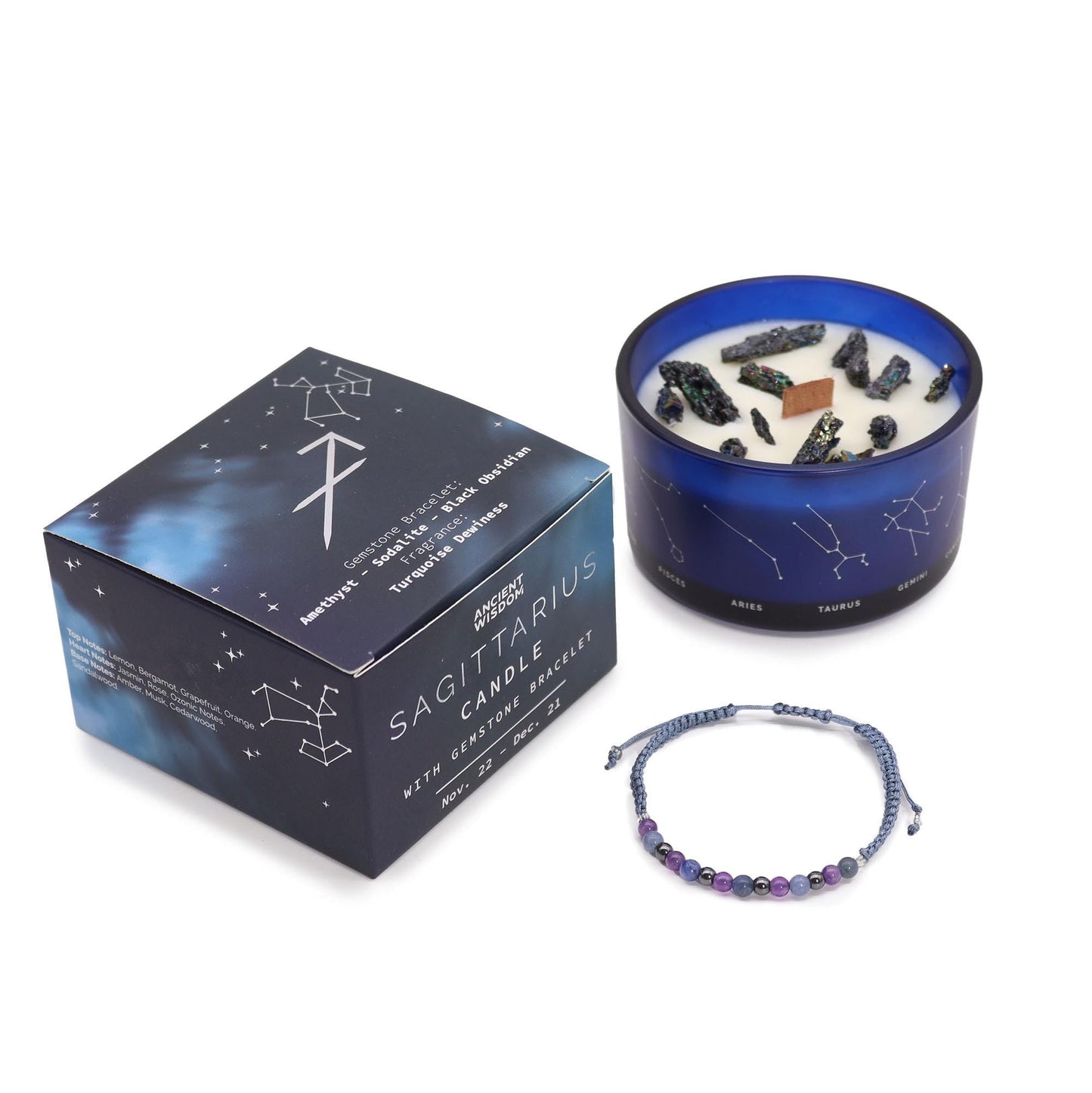 Geschenkset - Sternzeichen Kristallkerzen aus Soyawachs und natürlichen Duftölen mit Kristallen und Armband - Flow of Passion