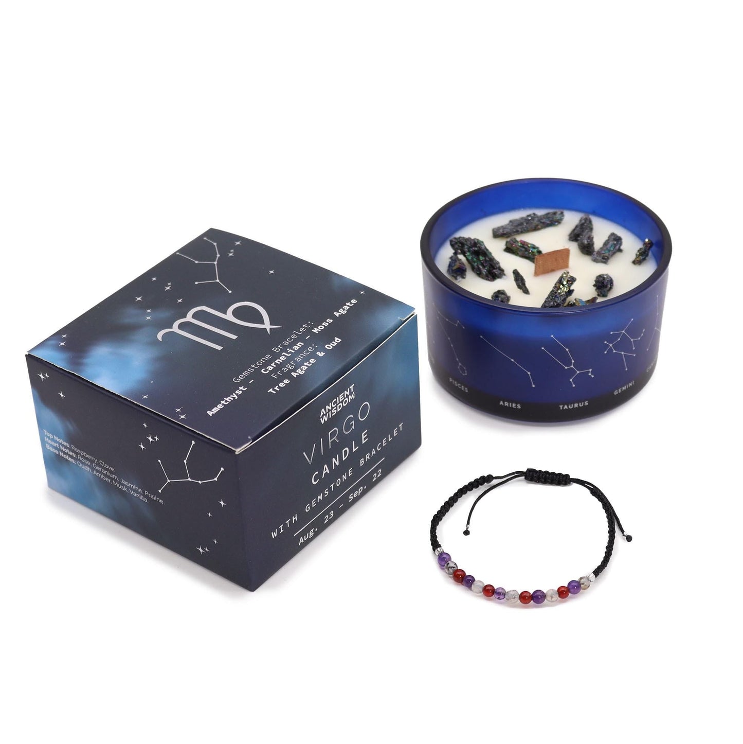 Geschenkset - Sternzeichen Kristallkerzen aus Soyawachs und natürlichen Duftölen mit Kristallen und Armband - Flow of Passion