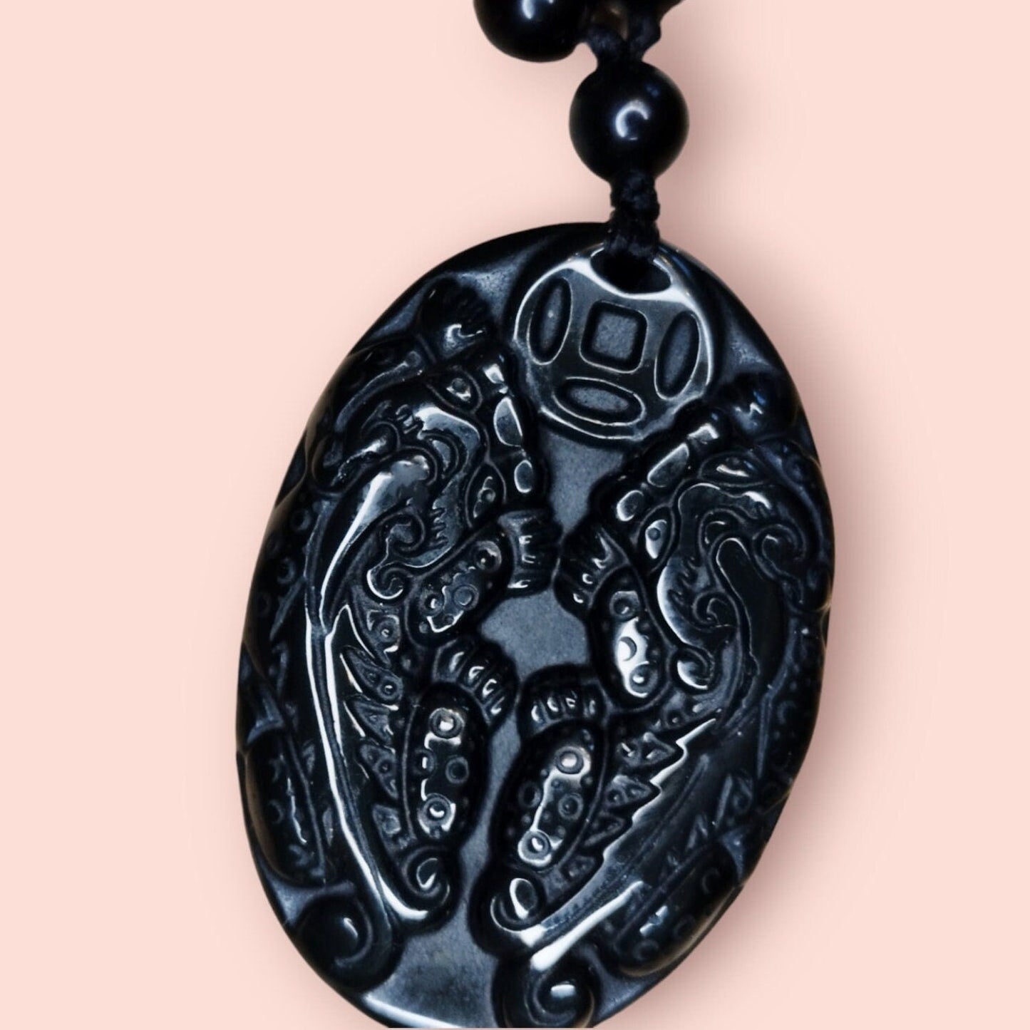 Handgeknüpfte Malakette aus Obsidian und Serpentin mit geschnitztem Drachenanhänger. - Flow of Passion