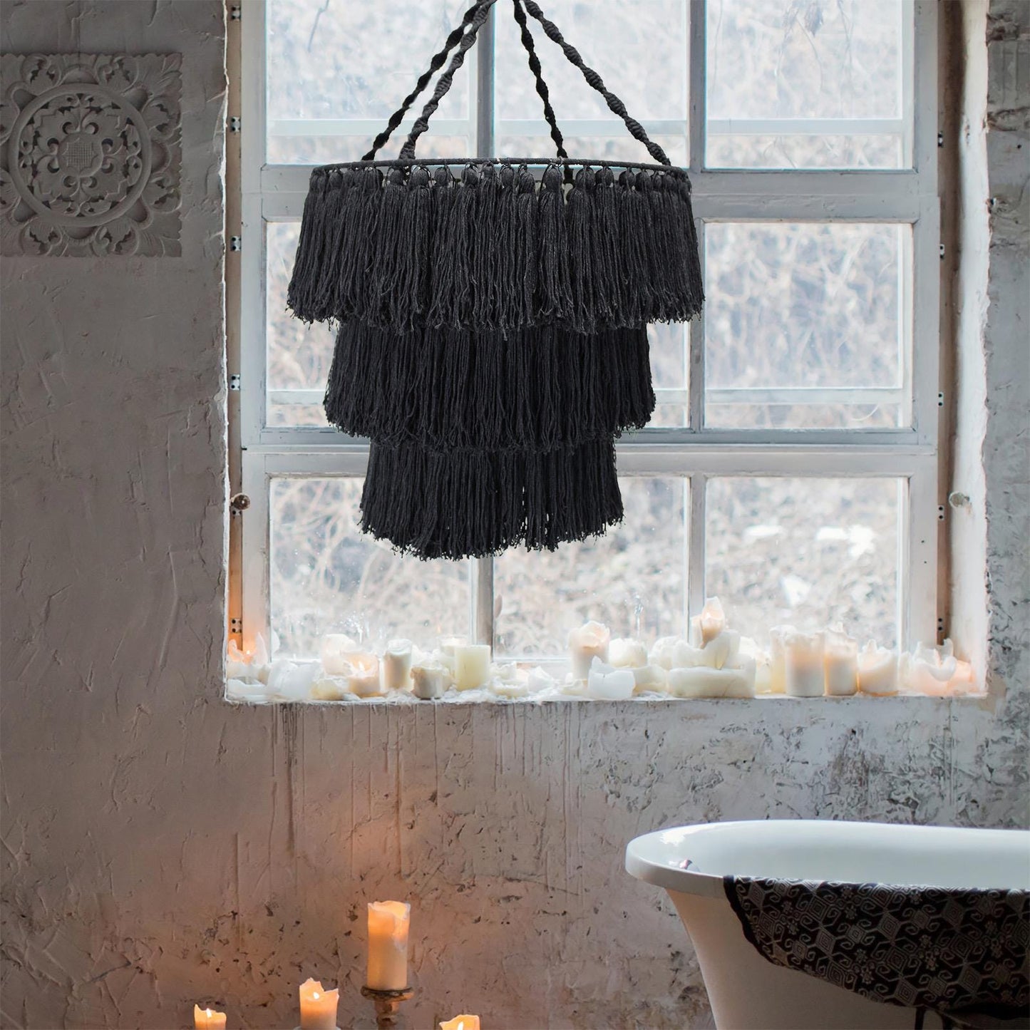 Makramee Kronleuchter - Hängelampe aus reiner Baumwolle im Boho-Stil