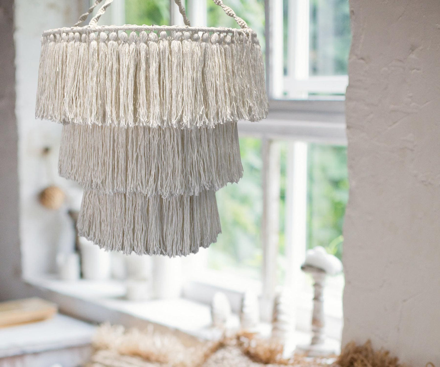 Makramee Kronleuchter - Hängelampe aus reiner Baumwolle im Boho-Stil