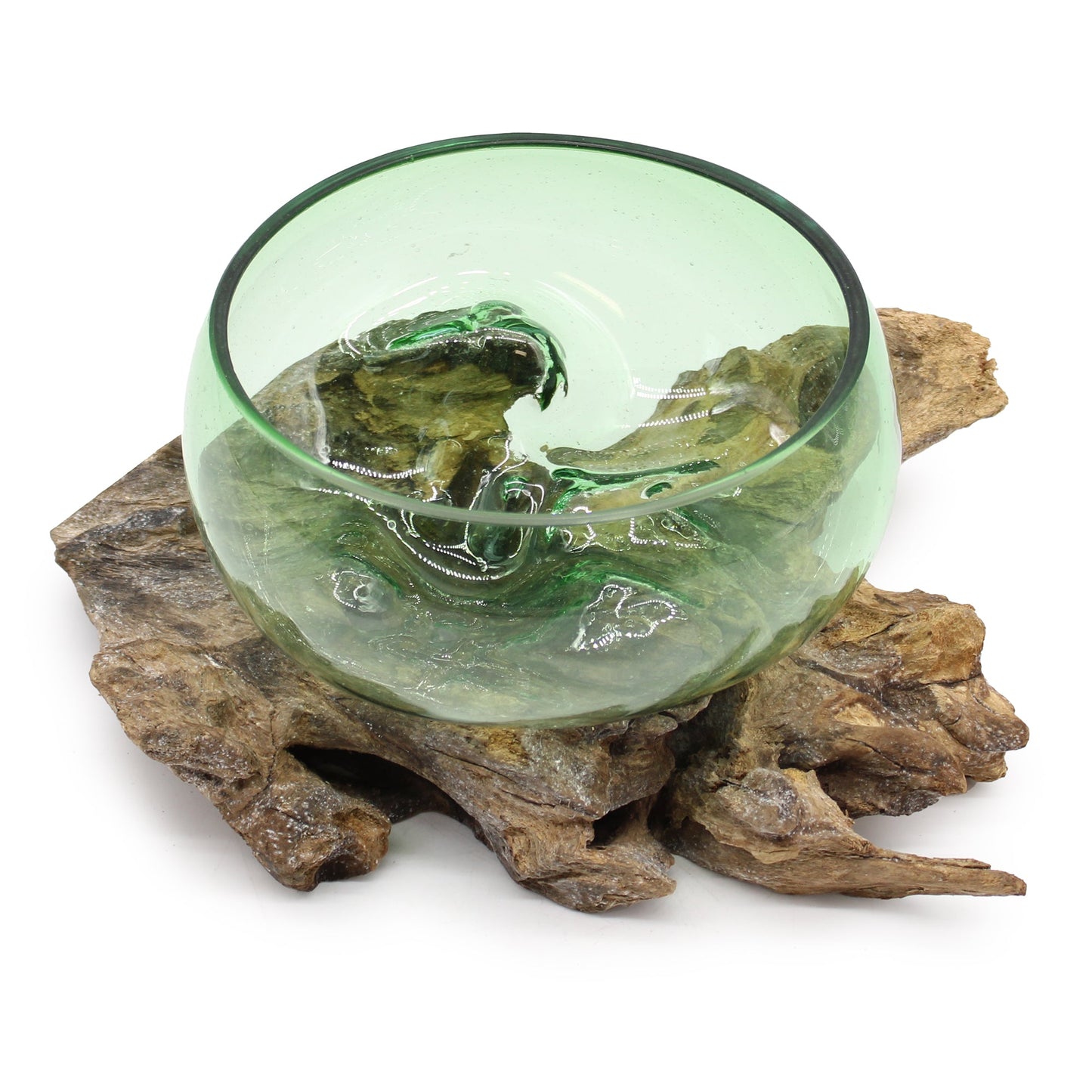 Schale - Geschmolzenes Glas auf Holz - Grün groß/klein - recycelte Bierflaschen handgefertigtes Unikat - Flow of PassionVase