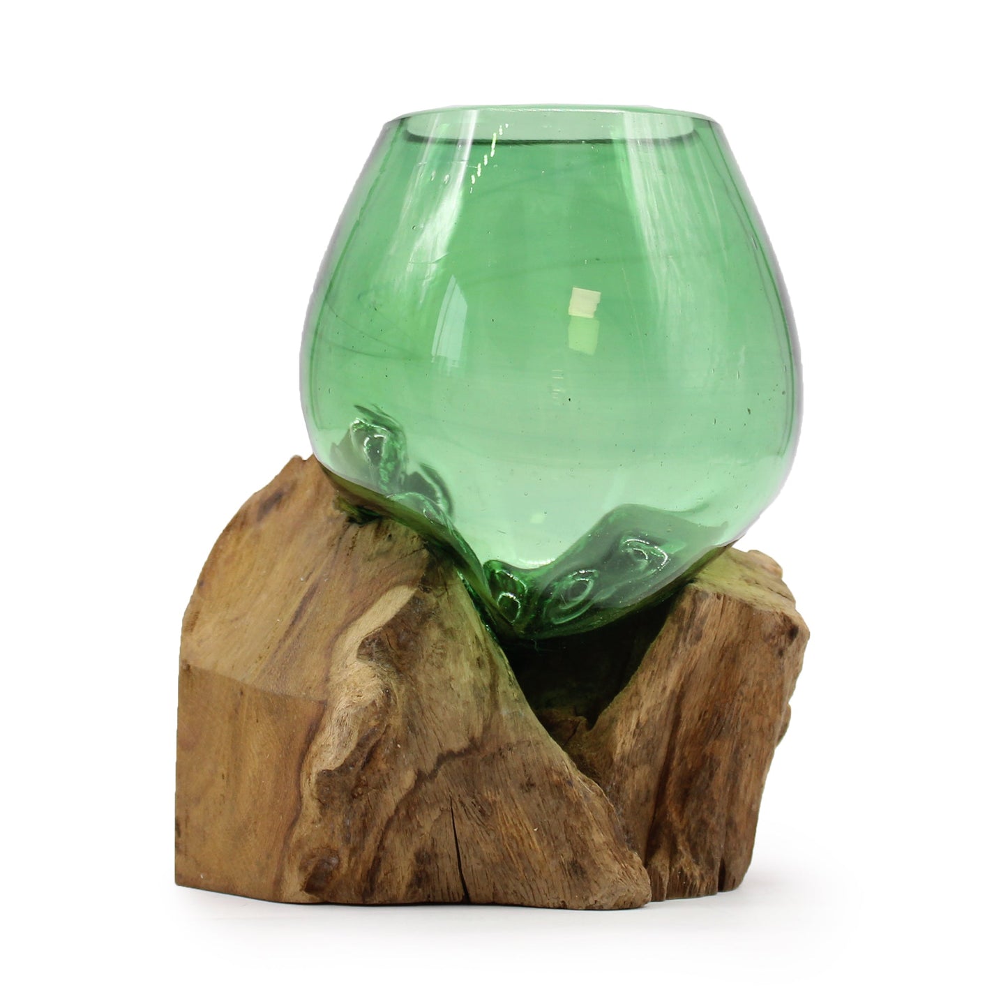 Schale - Geschmolzenes Glas auf Holz - Grün groß/klein - recycelte Bierflaschen handgefertigtes Unikat - Flow of PassionVase