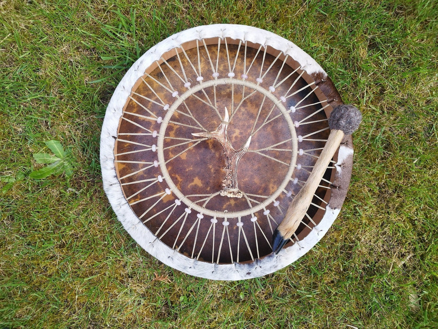 Stimmbare Schamanische Trommel "Baum des Lebens" behaarte Kalbshaupt und Rosenquarz auf Buchenholz - Flow of Passion